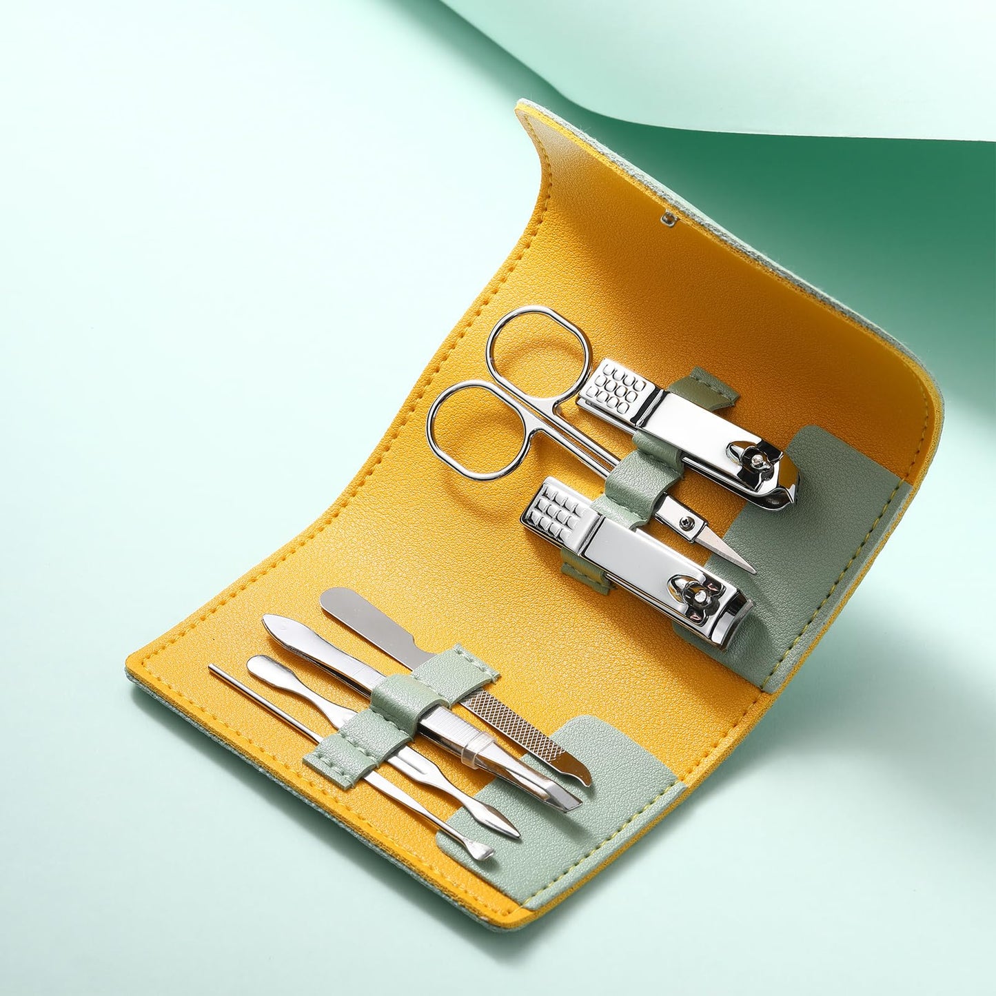 Lanties 12 Set Manicure Set Bulk Mini Manicure Nail Clipper Kit 7 in 1 Stainless Steel Professional Nail Care Pedicure with Travel Portable Bag Grooming Kits for Women Men Home(Light Green)