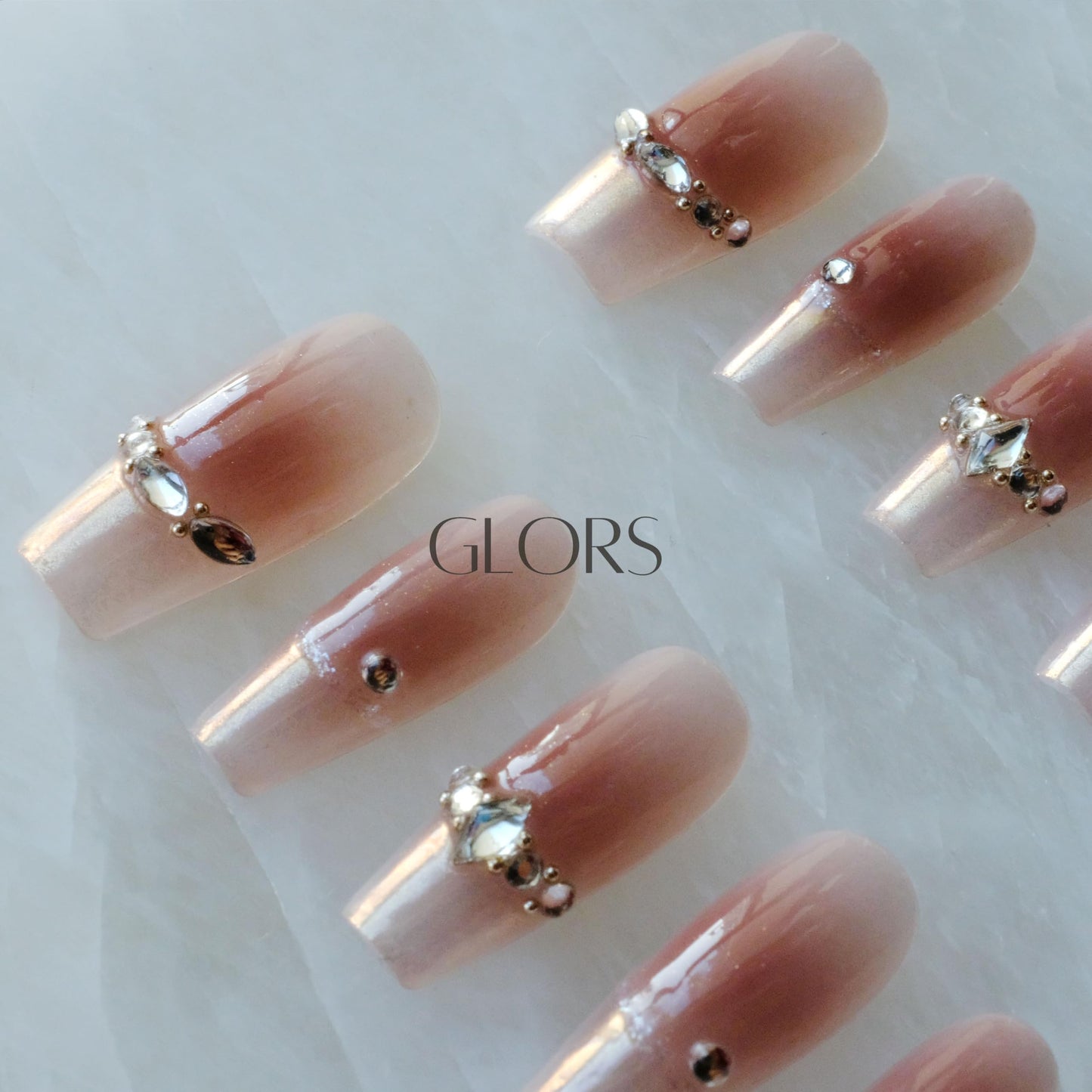 GLORS Long Ballerina Press-on Nails, Pink French Style with Rhinestones, Coffin Shape, Handmade False Nail 10 Pieces (Large,LB)