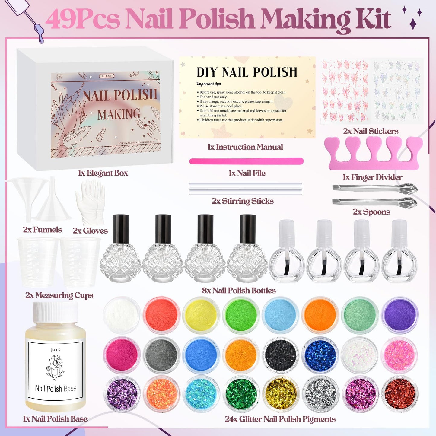 Gdblsm Gel Nail Polish Making Kit- 49Pcs DIY Nail Art Kit for Beginners, Make Your Own Nail Polish, Glitter Gel Polish Set with Empty Bottles, 24 Pigment, Fun Fingernail Polish Kit, Gift for Women