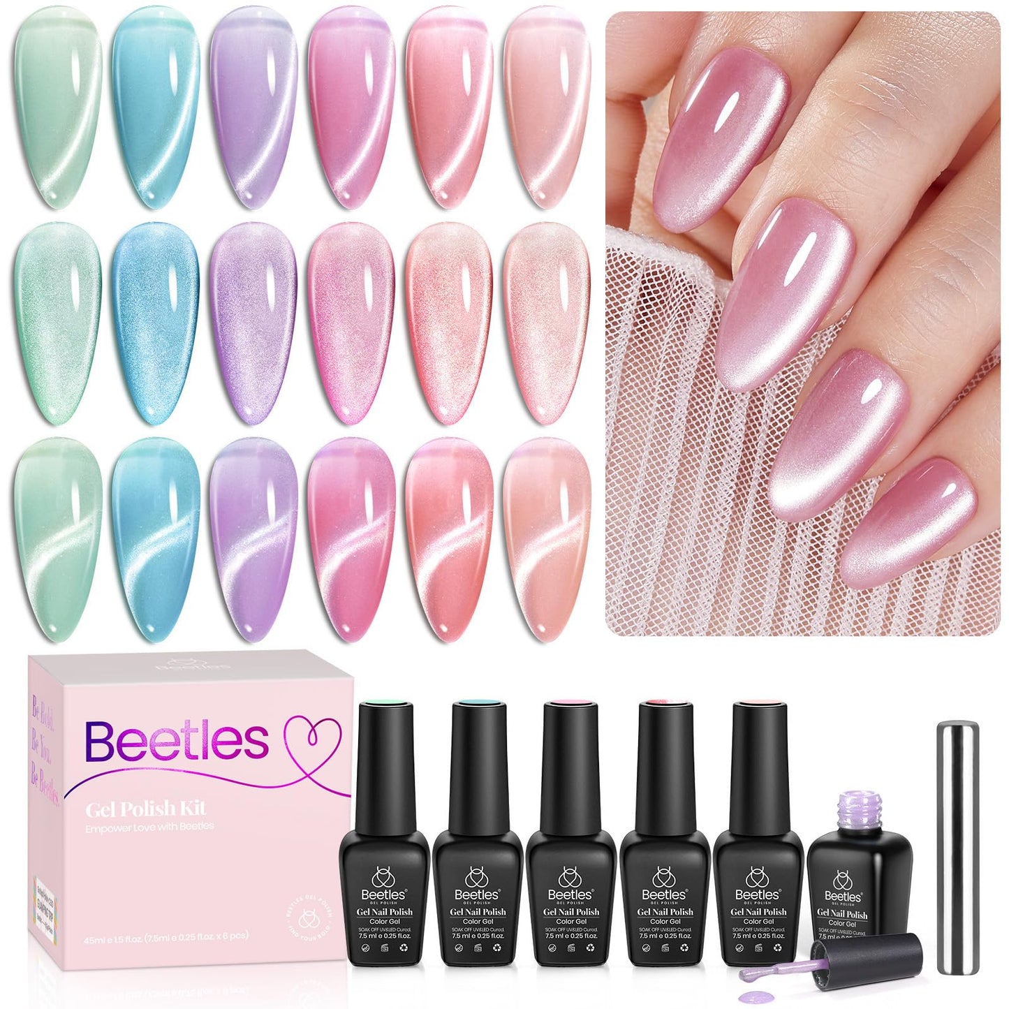 Beetles Cat Eye Gel Nail Polish Set, 6 Colors Fairy Garden Pastel Spring Shimmer Glitter Gel Polish Kit Pink Red Blue Orange Green Purple Velvet Gel Soak Off UV Magnet Nail Art DIY Gift for Women
