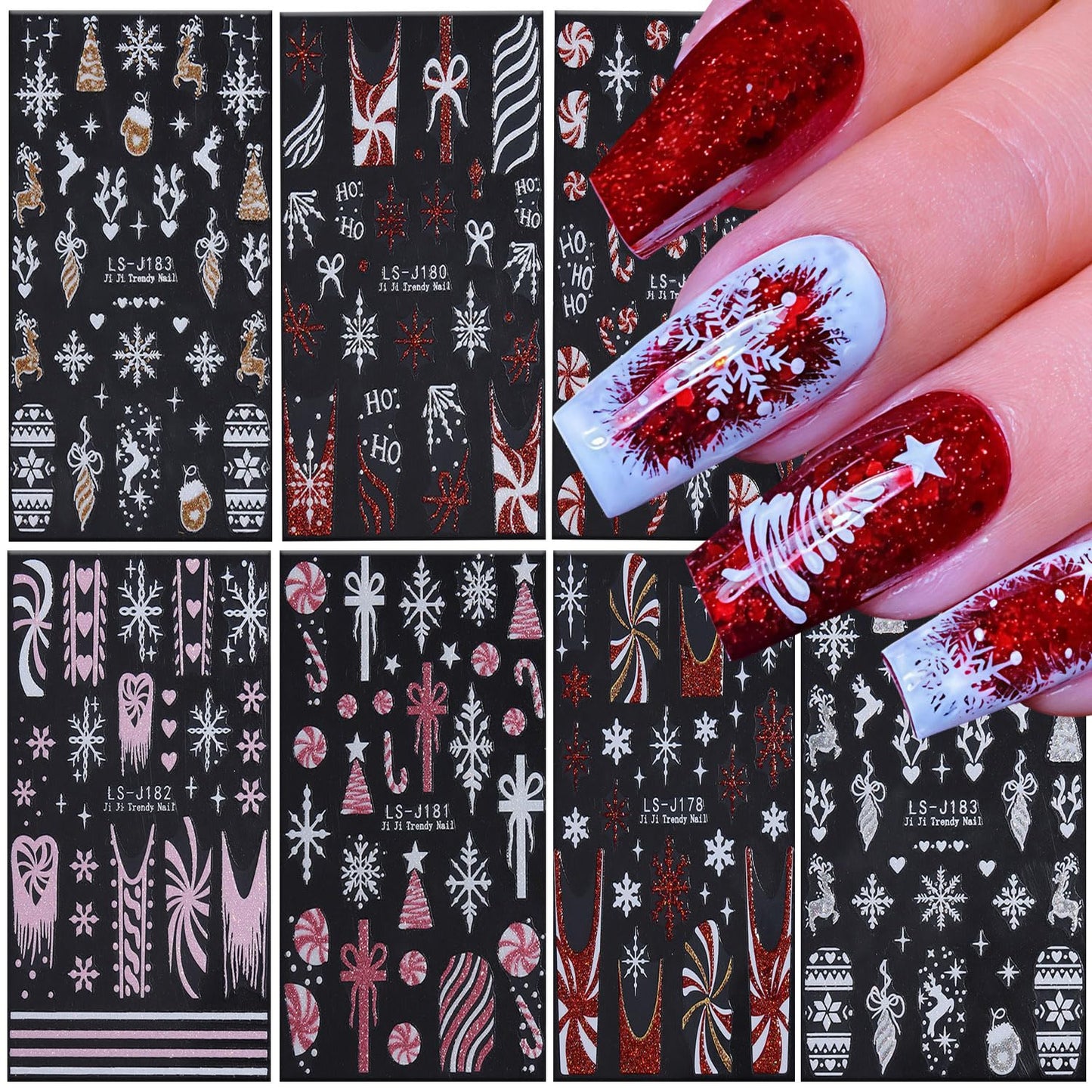 Christmas Nail Art Stickers Winter Glitter Bow Snowflake Cute Elk Xmas Nail Stickers 3D Self -Adhesive Christmas Trees Light Ball Festival Decals Holographic Xmas Decoration for Women DIY Manicure