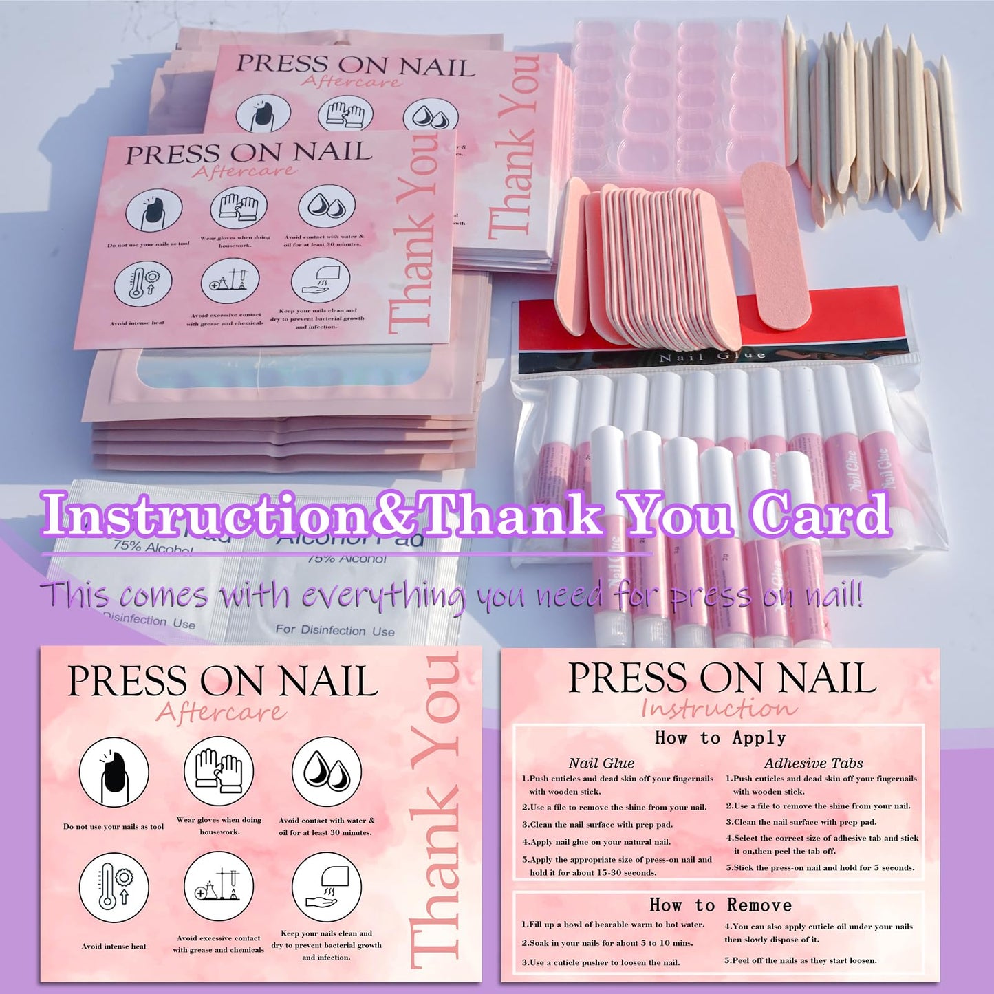 Disposable Nail Supplies Kits,Professional Manicure Press On Nail Tool Kit with Nail File,Adhesive Tabs,Nail Glue,Sticks, Prep Pads,Bags,Cards for Nail Business (350pcs50set-pink)