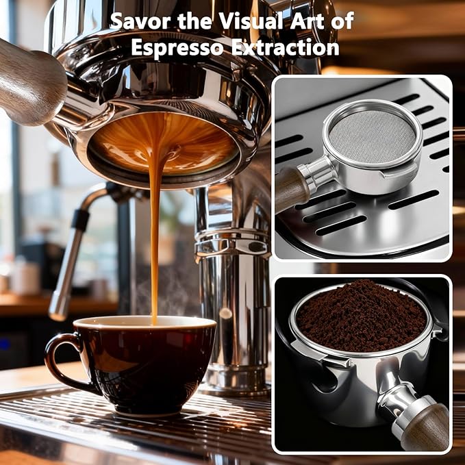 Espresso Accessories, 58mm Bottomless Portafilter with 18g Convex Filter Basket (715 Holes), Walnut Wood Handle, Compatible with La Marzocco, Slayer, Rocket Espresso, Lelit & E61 Machines