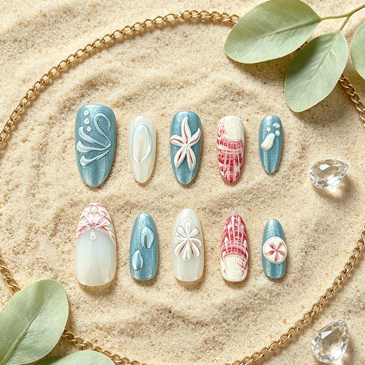 3D Press On Nails Almond Medium Light Blue Fake Nails with Cat's Eye Embossed Marine Life Summer Beach Designs, Acrylic Artificial Nail Press ons False Stick On Nails for Women Girls 30Pcs