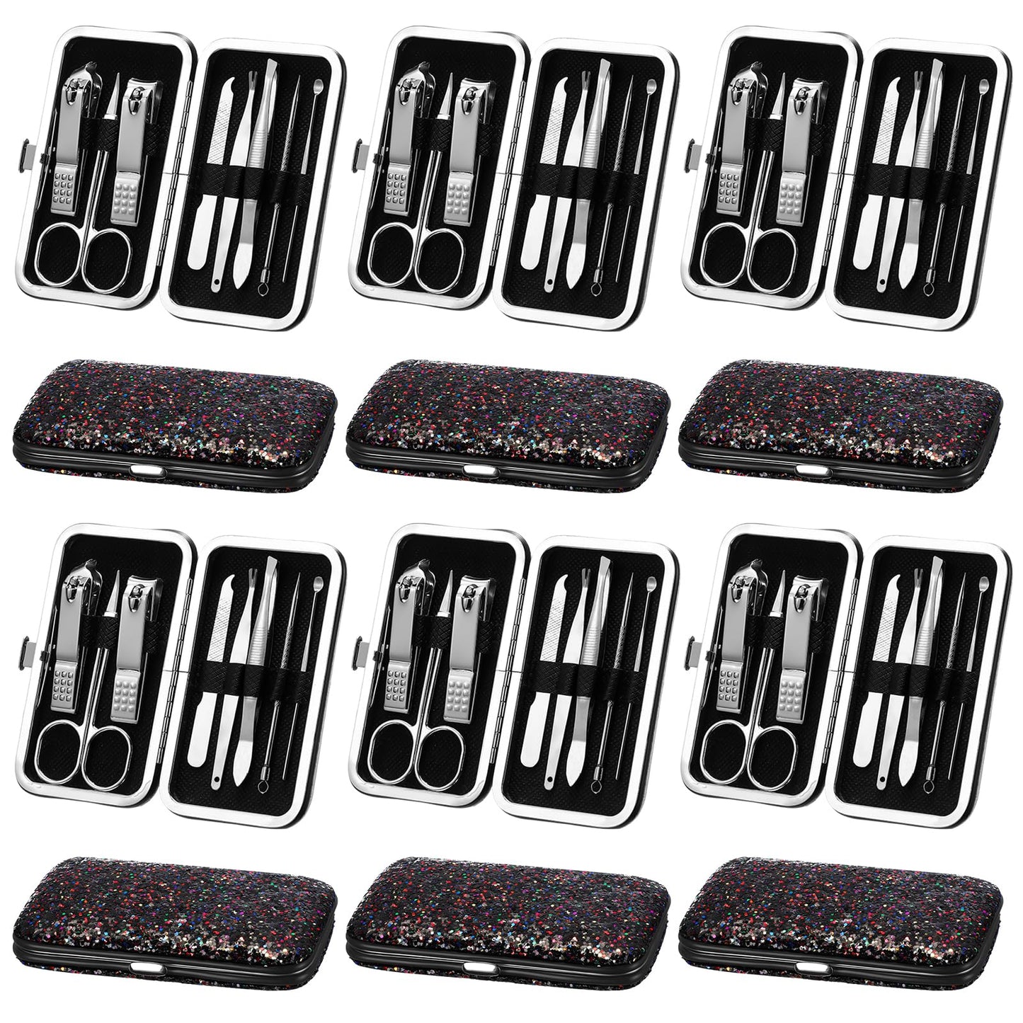 Geosar 12 Set 8 in 1 Manicure Gifts for Fathers Day Bulk Stainless Steel Nail Clippers Kit Pedicure Care Tools with Leather Case Travel Grooming Kit Gift for Women Men Hands Foot(Glitter Silver)