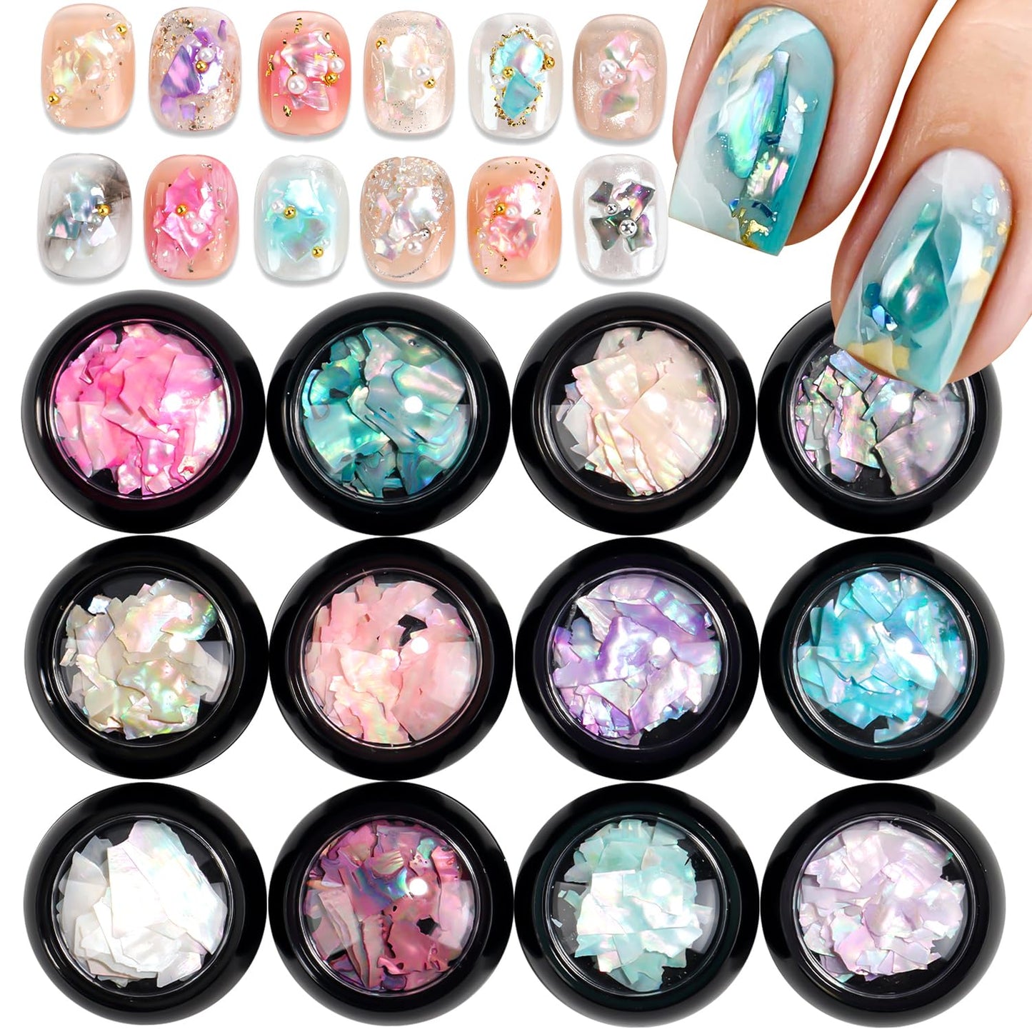 12 Jars Holographic Abalone Seashell Nail Glitter Flakes, 3D Irregular Thin Nail Art Sequins, Summer Nail Charms Mermaid Shell Slices Decorations, Manicure DIY Paillette Accessories for Women Girls