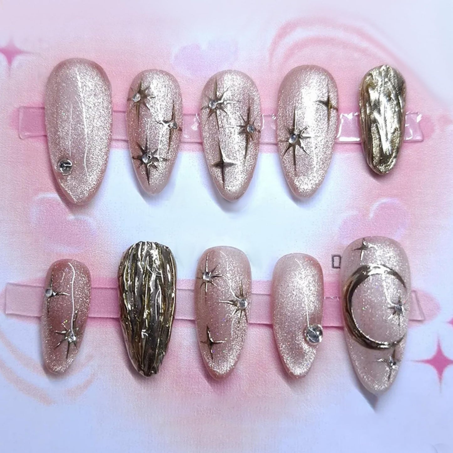 Medium Press on Nails Almond Fake Nails Cat eyeAcrylic Nail Press ons SEENEEY Silver Moon and Stars Designs Cat eye Stick on Nail for Women 30pcs