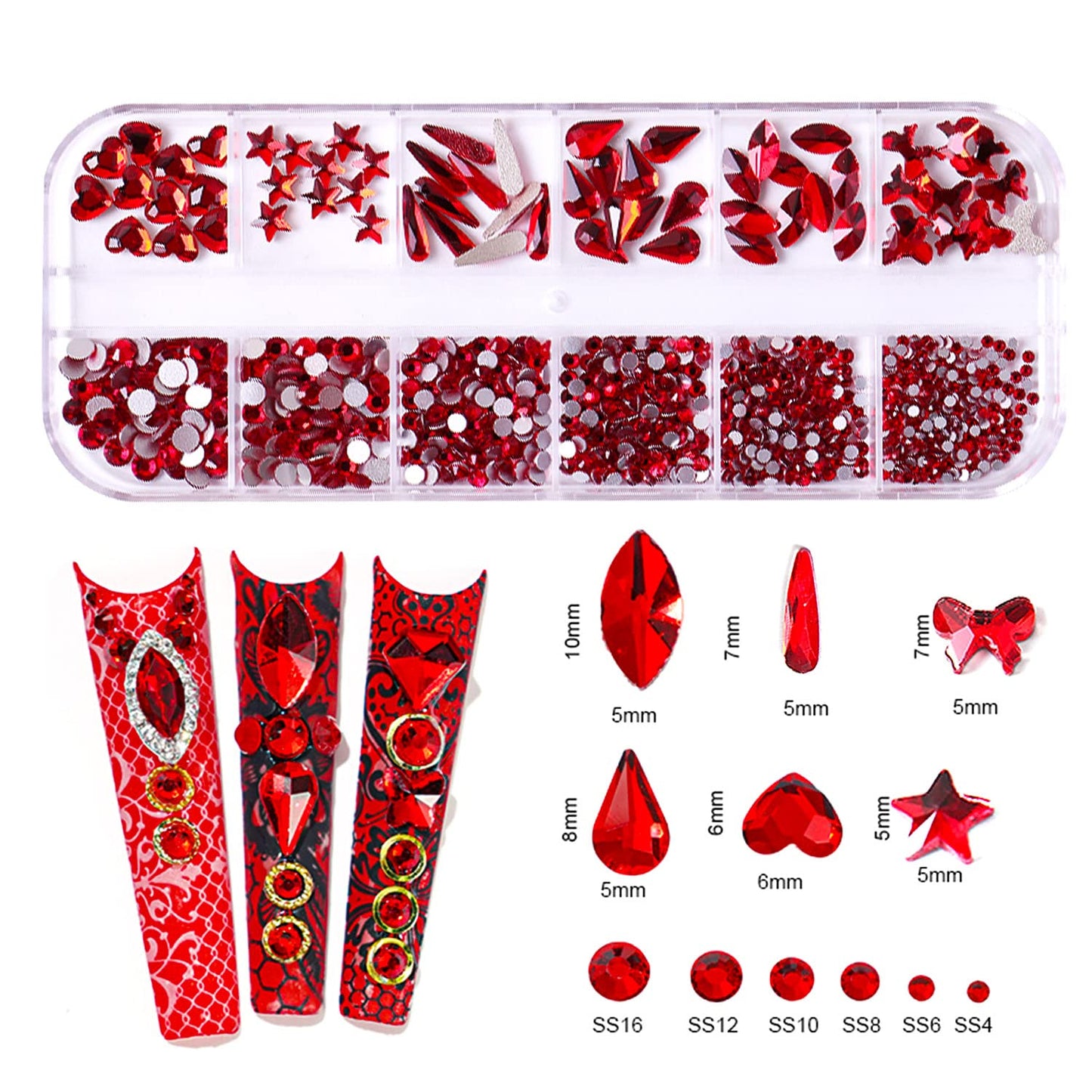 JERCLITY 1620pcs Flat Back Green Nail Rhinestones Red Nail Rhinestones Round Beads Crystals Glass Gems Stones Multi Shapes Sizes with Picking Pen for Crafts Nail Face Art Clothes Shoes Bags DIY