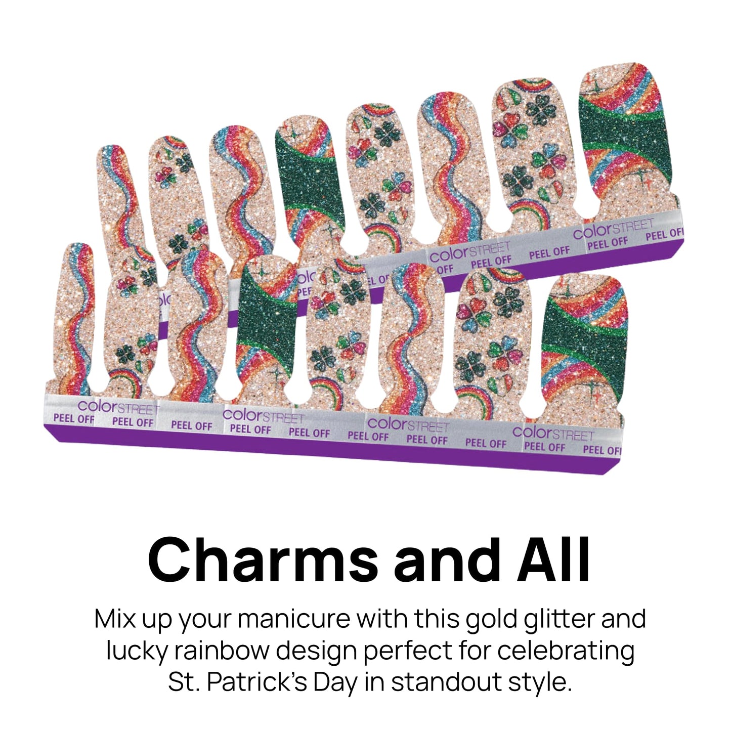 Color Street - Charms and All - Glittery Nail Polish Strips with Glitter Finish, Real Nail Polish Strip, Glam Manicure Set - 16 Strips
