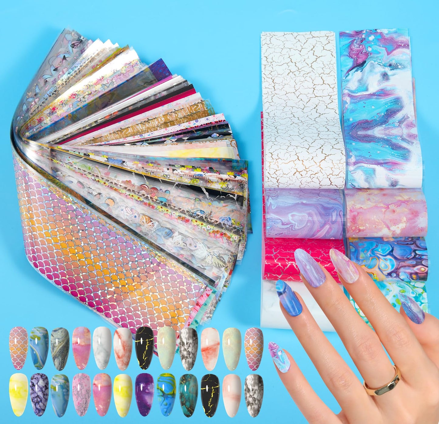 JERCLITY 300 Sheets Nail Foil Transfer Stickers Set Nail Foils Transfer Art Marbling Flower Butterfly Lace Aurora Iridescence Design for Women Girls Decoration