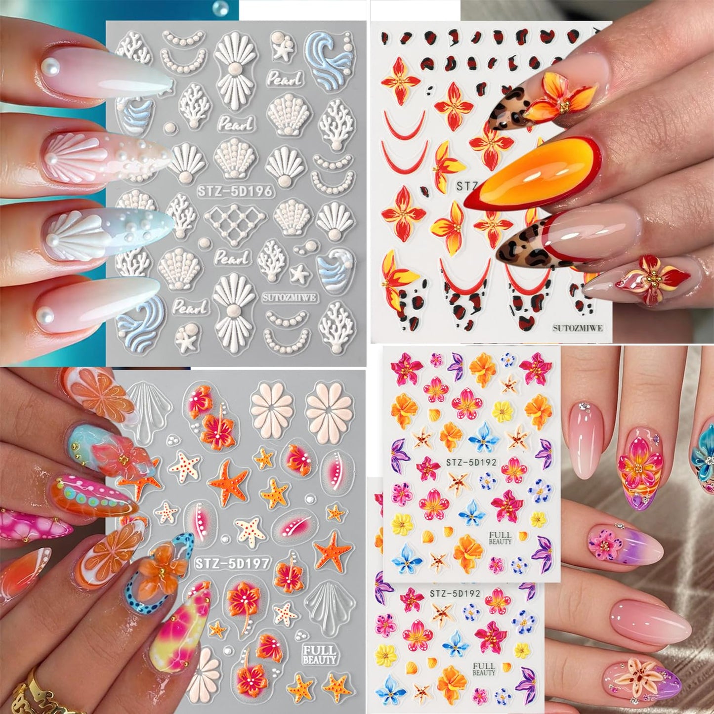 5D Embossed Nail Stickers, 6Pcs Self-Adhesive 3D Floral Nail Decals with Hibiscus, Dolphin & Starfish,Seashell, Tropical Flower Summer Ocean Nail Art Supplies DIY Manicure Nail Accessories for Women