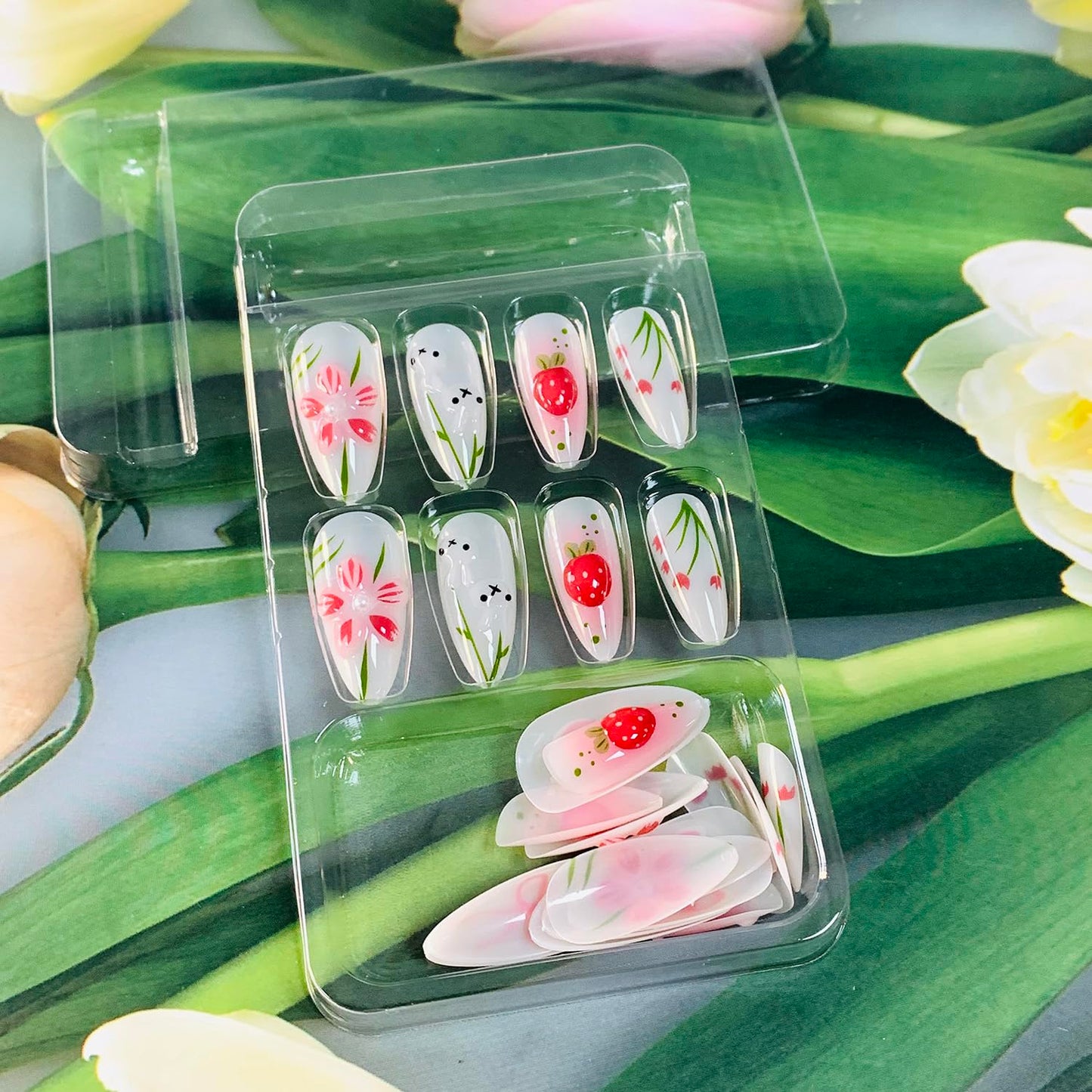 EYZOTSF Press on Almond Nails Medium Length Glossy Full Cover Acrylic Almond Shaped False Nails with Designs Artificial Fake Nail with Charms Glue Stick ons Fingernails for Women Girls(Z1094)