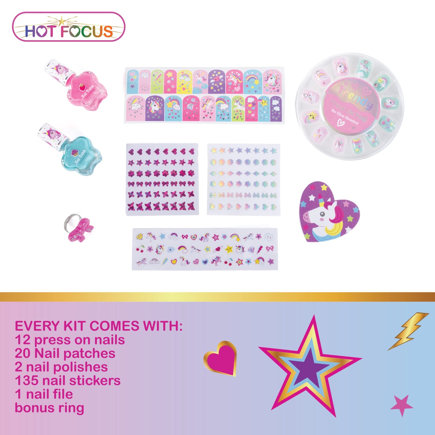 Hot Focus Scented Nail Boutique – 168 Piece Unicorn Nail Art Kit Includes Press on Nails, Nail Patches, Nail Stickers, Nail Polishes, Nail File and Ring – Non-Toxic Water Based Peel Off Nail Polish