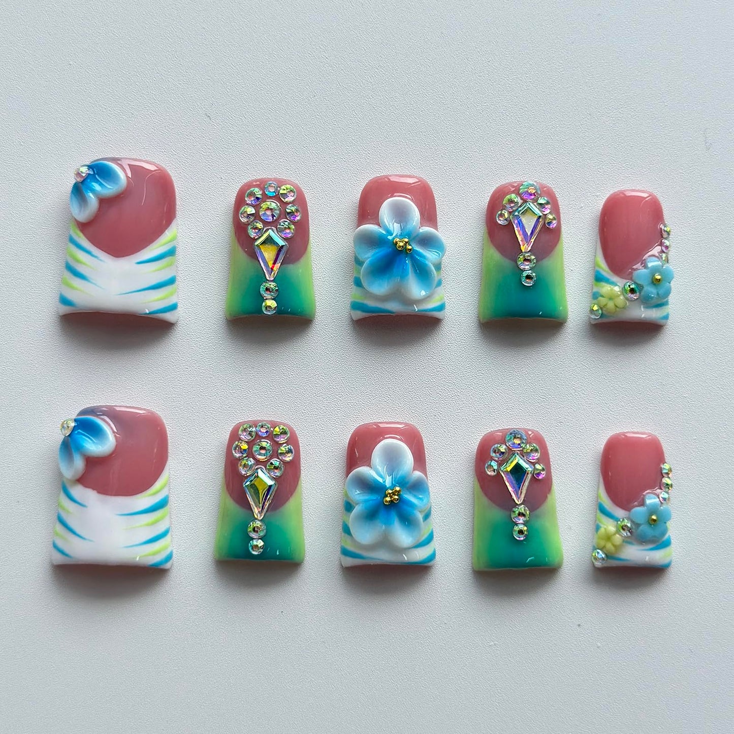 Luxury Press on Nails Short Duck Handmade 3D Unique Reusable ABS Material Fake Nails French Tip False Nails with Designs Floral Rhinestones Blue&Green Glossy Glue on Thick Acrylic Nails(M)