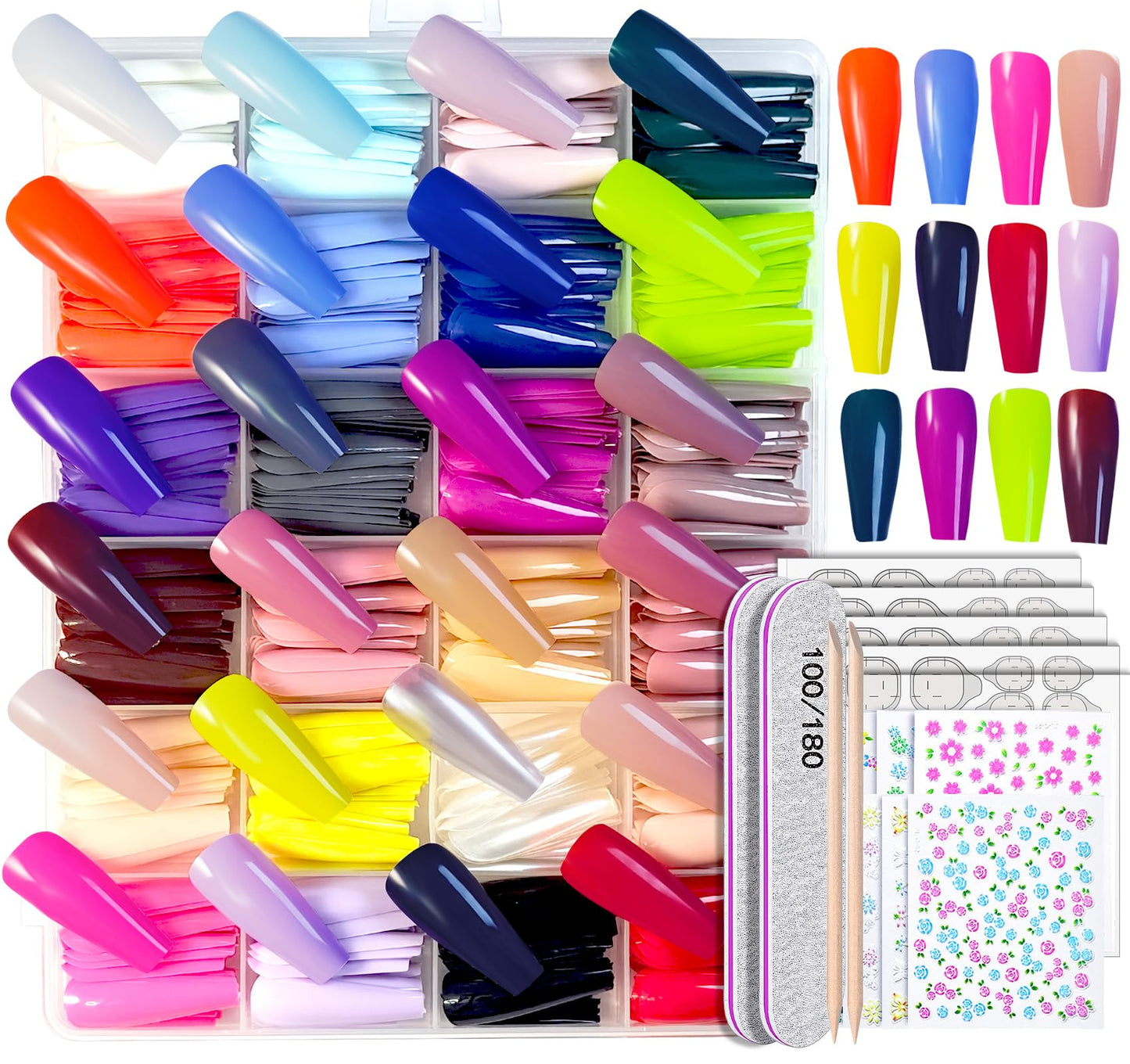 whisrvival 576 Pcs Long Coffin Press On Nails, 24 Colors Glossy False Nails Full Cover Fake Nail Tips with Adhesive Tabs & 10 Nail Stickers for Woman DIY Nail Art Practice & Daily Wear