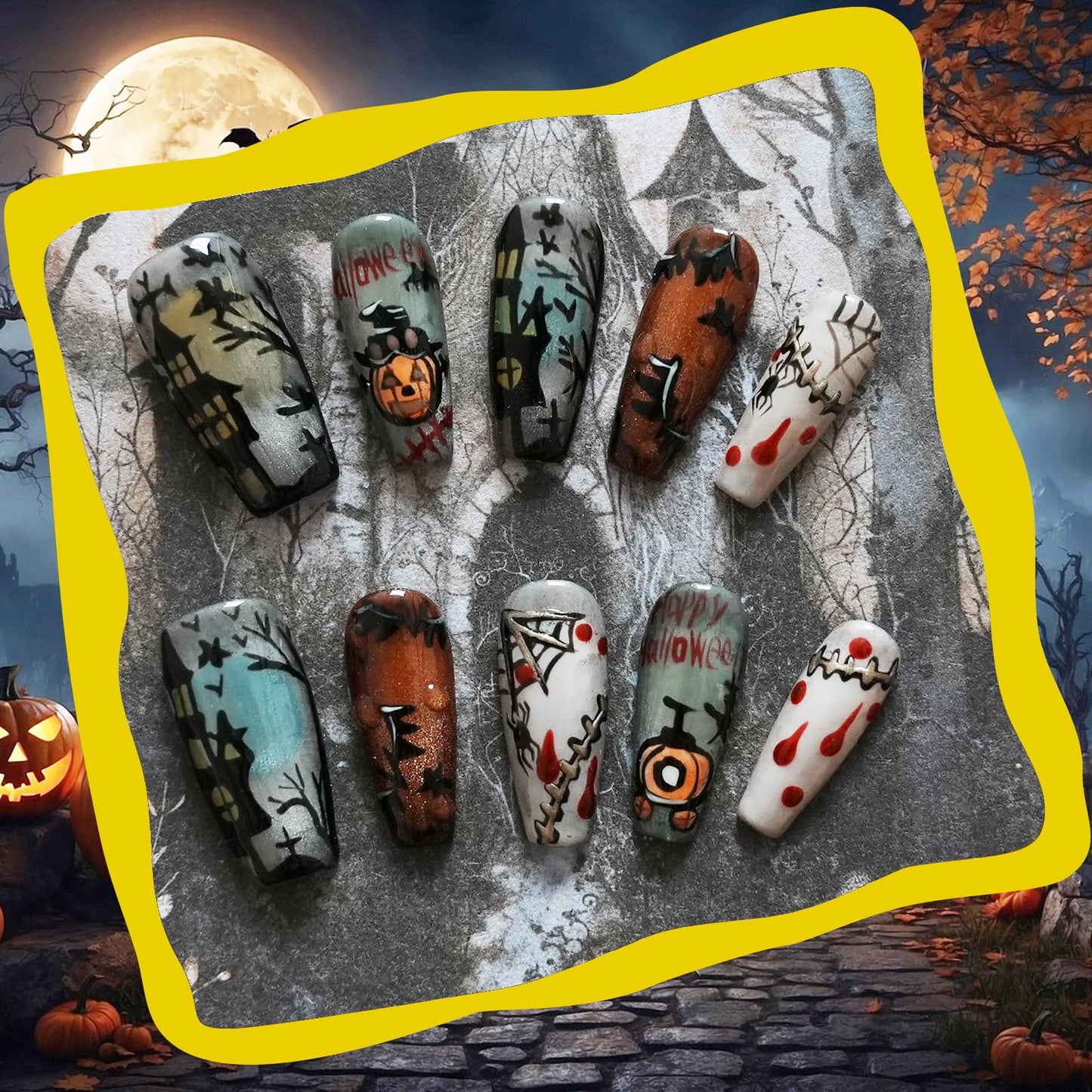 Tesytto Handmade Kawaii Press on Nails Long Coffin - 3D Cartoon Character Design, Luxury Hand-Painted Anime Style False Nails for Women (Halloween House Story,M)
