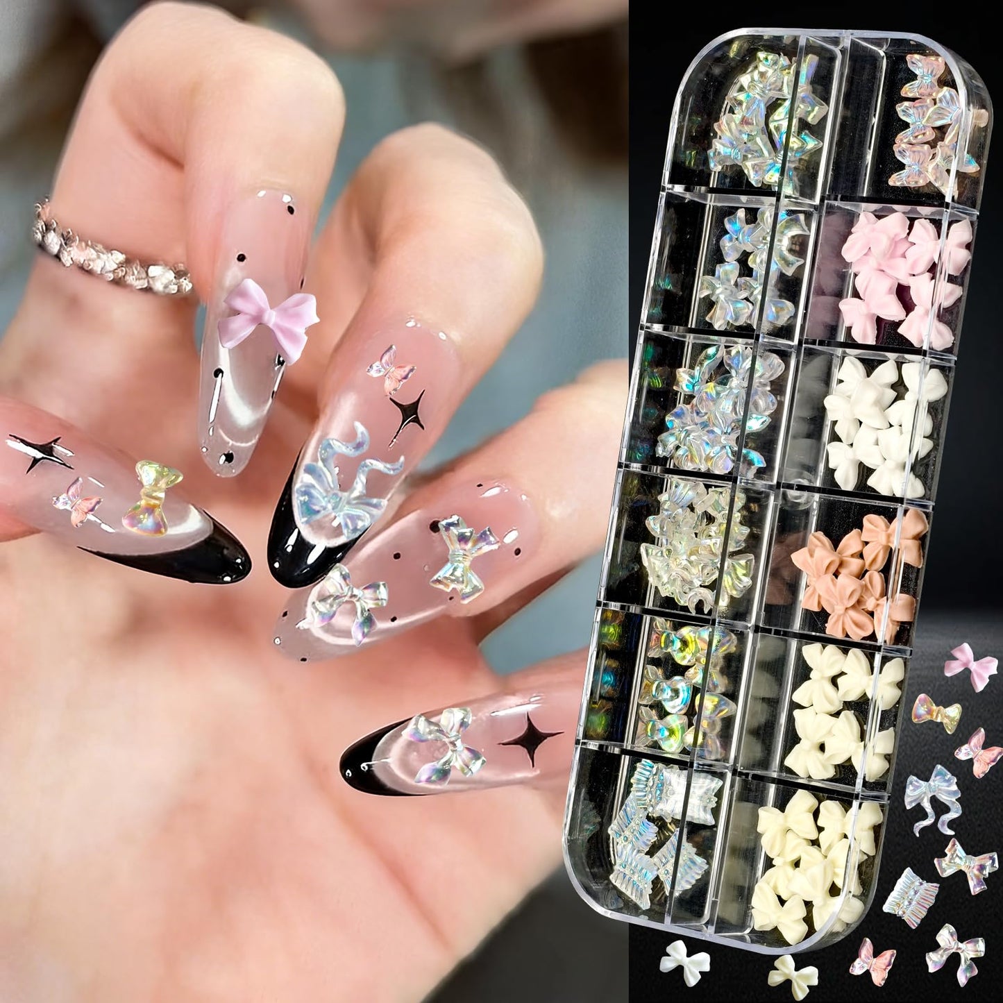 8 Boxes Nail Charms and Gems, White Pearl, Gold/Silver Sea Theme,3D Aurora Flower/Bow, Flatback Nail Gems, Rhinestones and Charms for Nail Art Kit, Various Shapes Nail Rhinestones, Nail Accessories