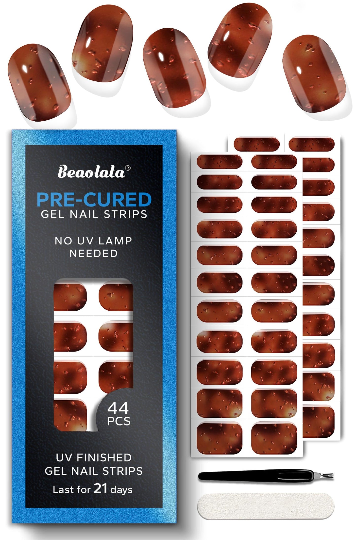 Beaolata Real Gel Nail Strips (No UV Light Needed) - 44Pcs Salon Quality Nail Stickers - Long Lasting Polish Wraps for Women, Easy Apply & Remove (Molten Honey Brown)