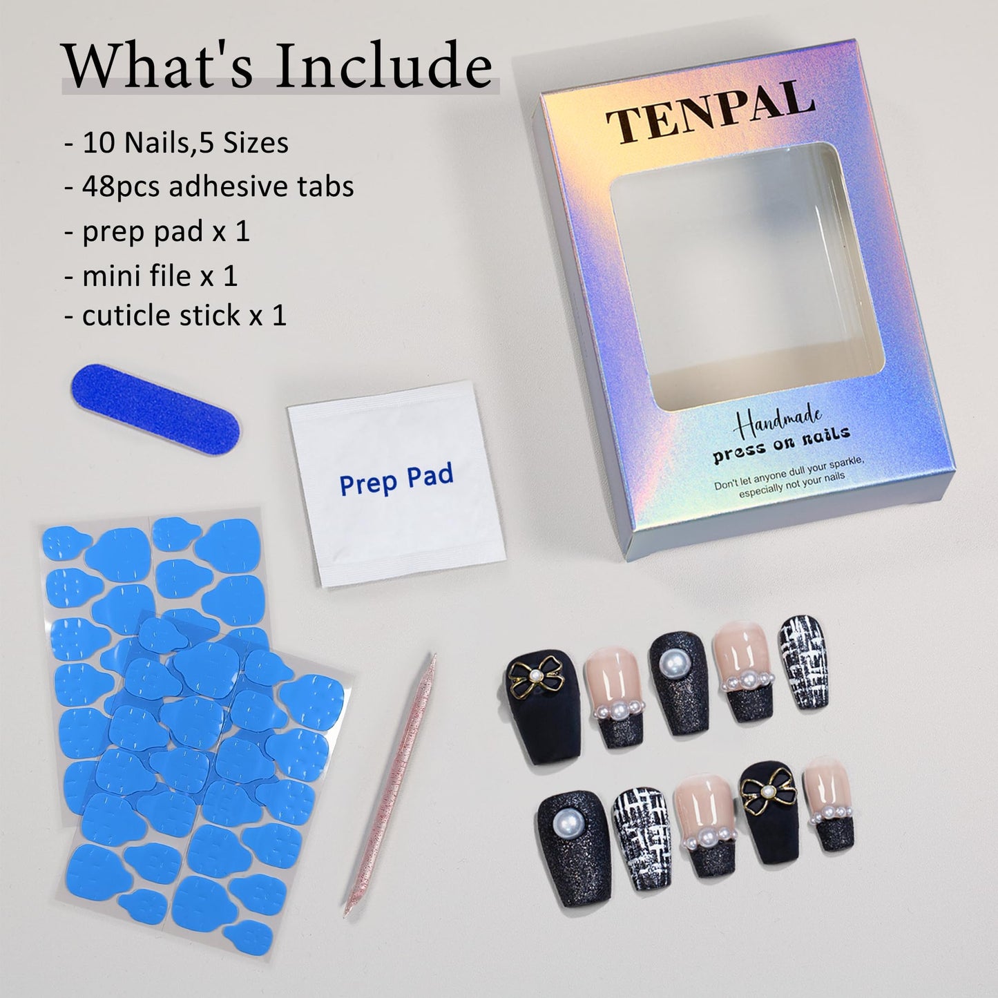 TENPAL Handmade French Tips Press on Nails Medium,Black Gold Pearl & Bow Tweed Coffin Nails,Detachable Luxury Heirloom Elegance Glue on Nails for Fair Skin, Acrylic Wedding Nails for Women(L)