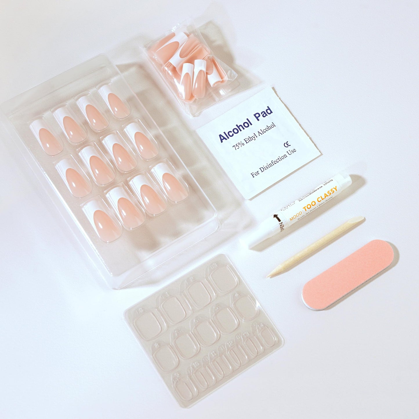 MOOD: TOO CLASSY Press On Nails - In the Nude | Trendy Long Coffin Shape | Salon Acrylic Finish, Kit Includes 30 Nail Tips, Mini Glue, Adhesive Tabs, Nail File, Cuticle Stick, Prep Pad