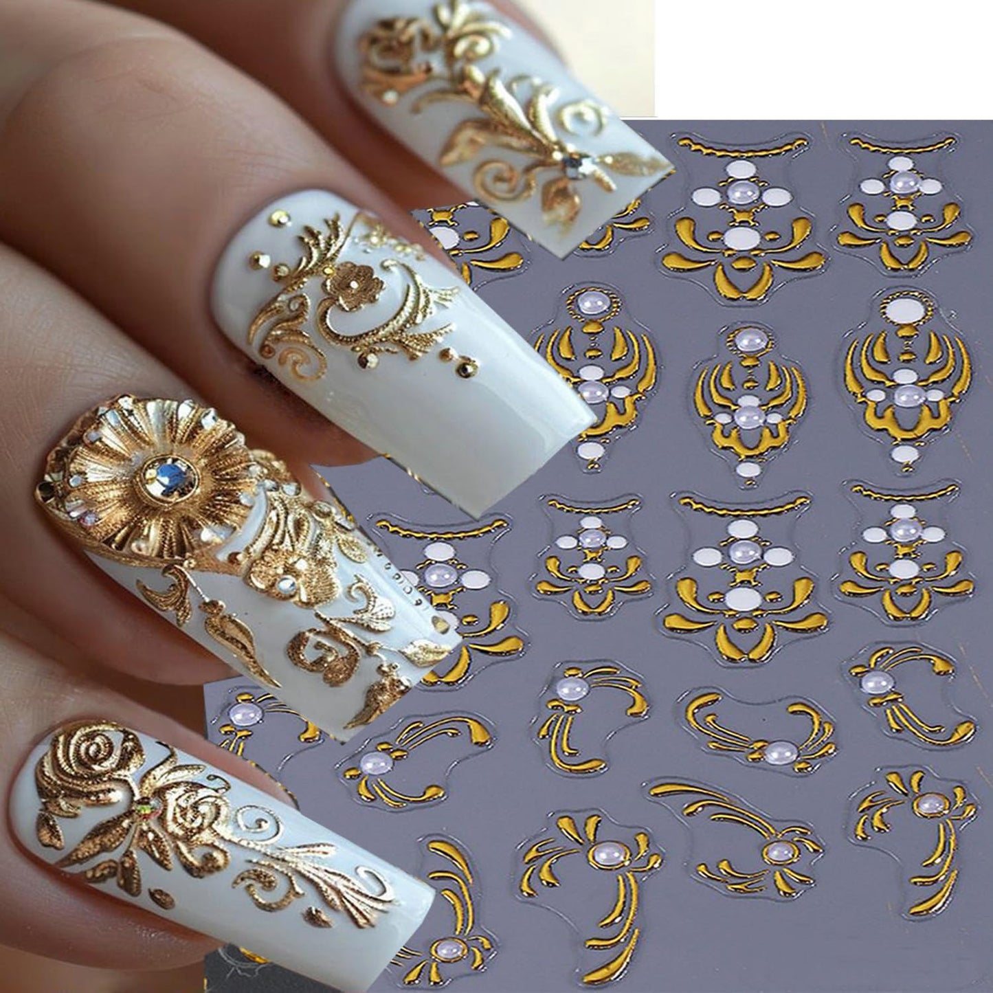 2 Sheets Gold Nail Art Stickers Golden Flower with Pearl Nails Stickers 5D Relief Self -Adhesive Gold Totem with Pearl Nail Decals Holographic Stereo French Nail Decoration for Women DIY Manicure