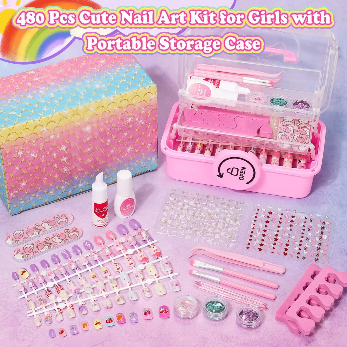 480 Pcs Kids Nails and Glue, Girls Press ons Nail Art Kit with Storage Case, Fake Nails Adhesive, Remover, Stickers, Glitter Cute Stuff Gift for Girls 8-12