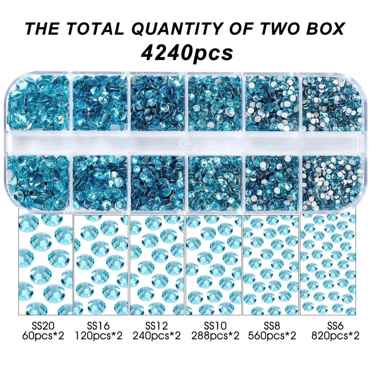 Meibite Aquamarine Glass Flatback Rhinestones for Nails, Crafts & Clothes – 4240PCS 6 Sizes (SS6–SS20) Crystal Gems Kit with Tweezers & Picker, Non Hotfix DIY Rhinestones for Tumblers, Shoes, Nail Art