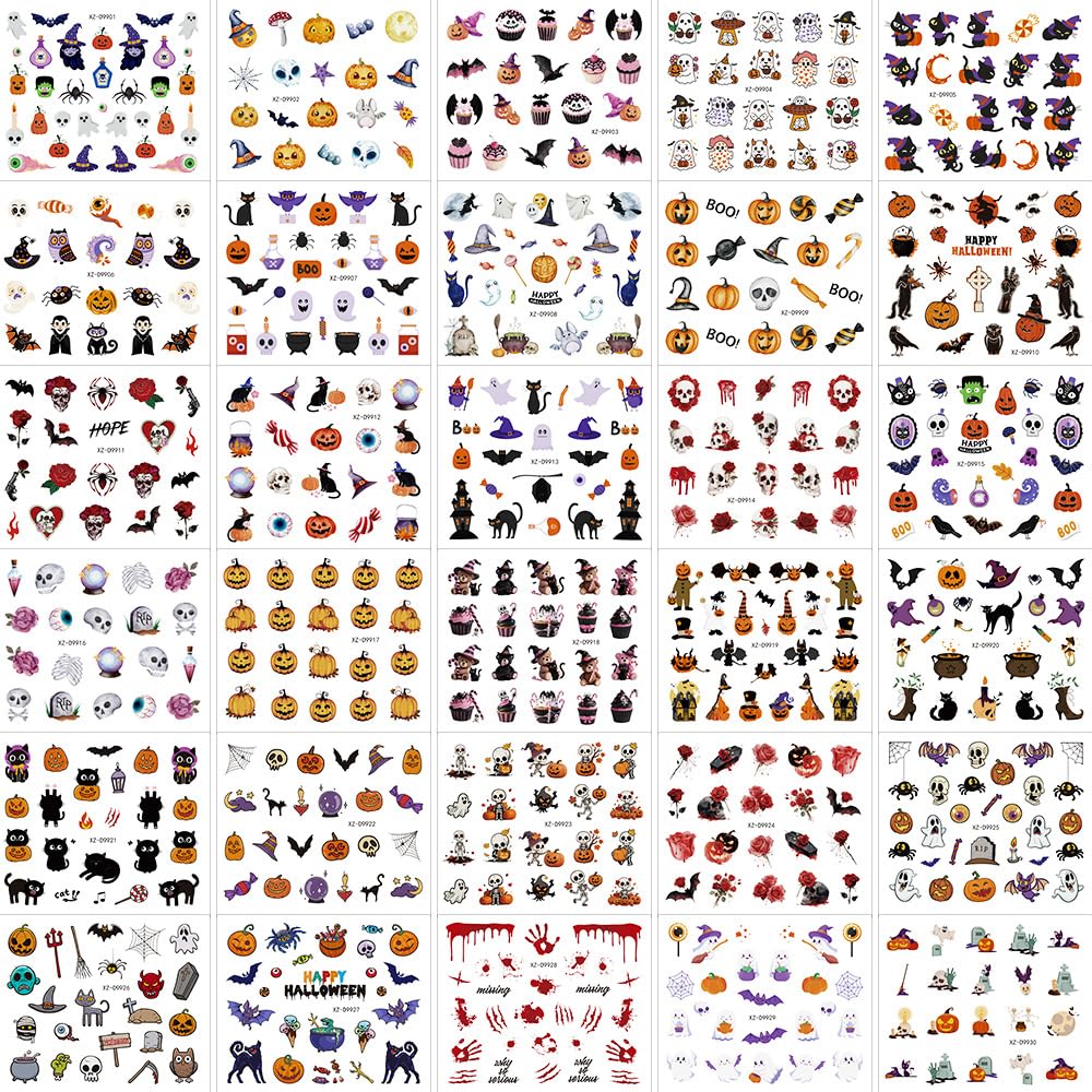 30 Sheets Halloween Nail Stickers for Nail Art, 3D Self-Adhesive Pumpkin Cat Nail Decals, Spider Bloody SkullNail Supplies Design Accessories for Women and Girls Manicure DIY Decoration