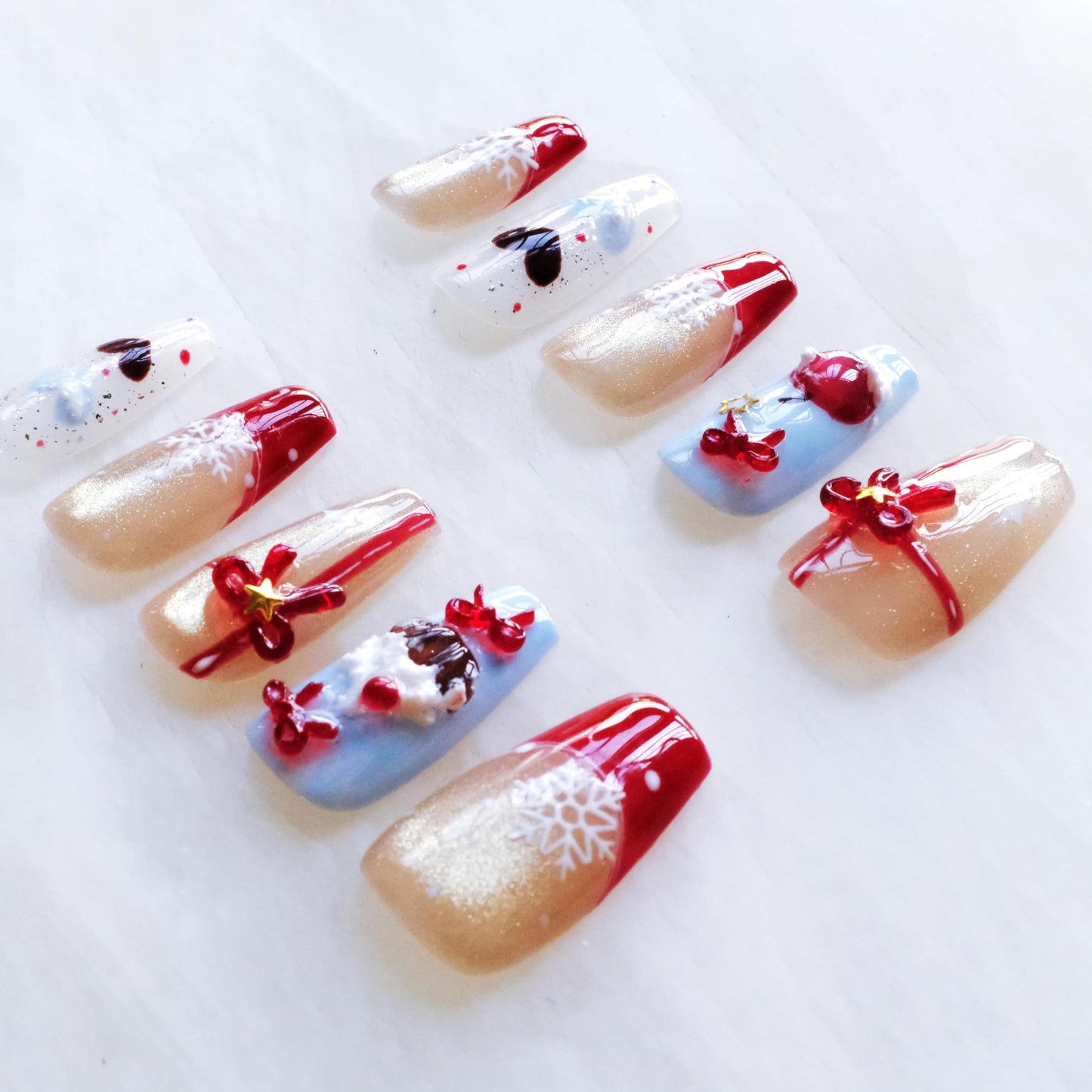 GLORS Christmas Press-On Nails, Medium Length Ballerina Shape, Red Cat Eye Apple Design with 3D Bows, 10 Pieces (Medium, MB)