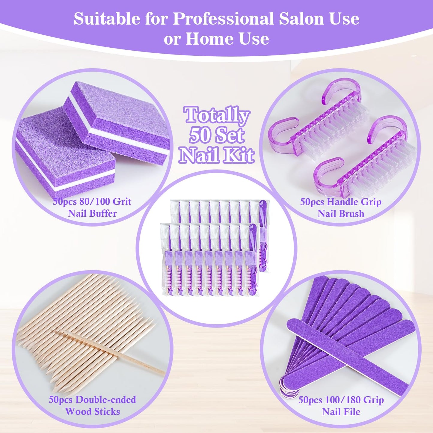 50 Sets Disposable Manicure Kit Basics 4 Piece Nail Kit for Travel,Handle Grip Brush,Mini Nail Buffer Nail File and Wood Stick for Gifts Salon Home Professional(50 Set -Purple)