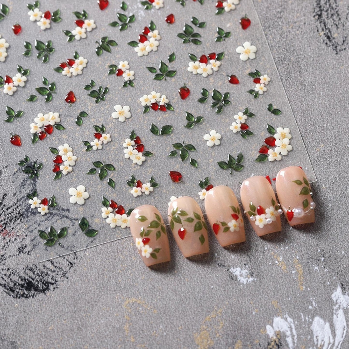 5D Embossed Flower Nail Art Stickers Green Leaf Nail Stickers with Red Pepper Self-Adhesive Flower Nail Decals for Women Girls Spring Summer Manicure DIY Nail Supplies