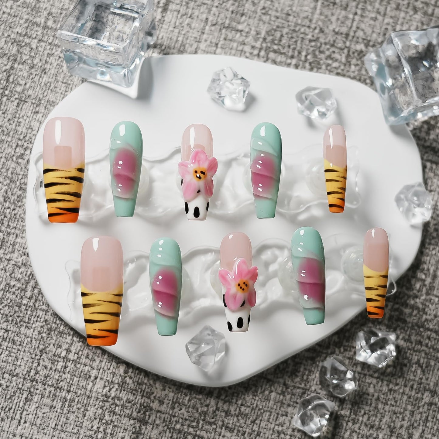 Tesytto Handmade Press on Nails Long Coffin Muti-Layer Gel Fake Nails - 3D Lotus Flowers & Tiger Print, French Tip Glossy Thick Acrylic Nails (Playful Zebra with Lotus,S)