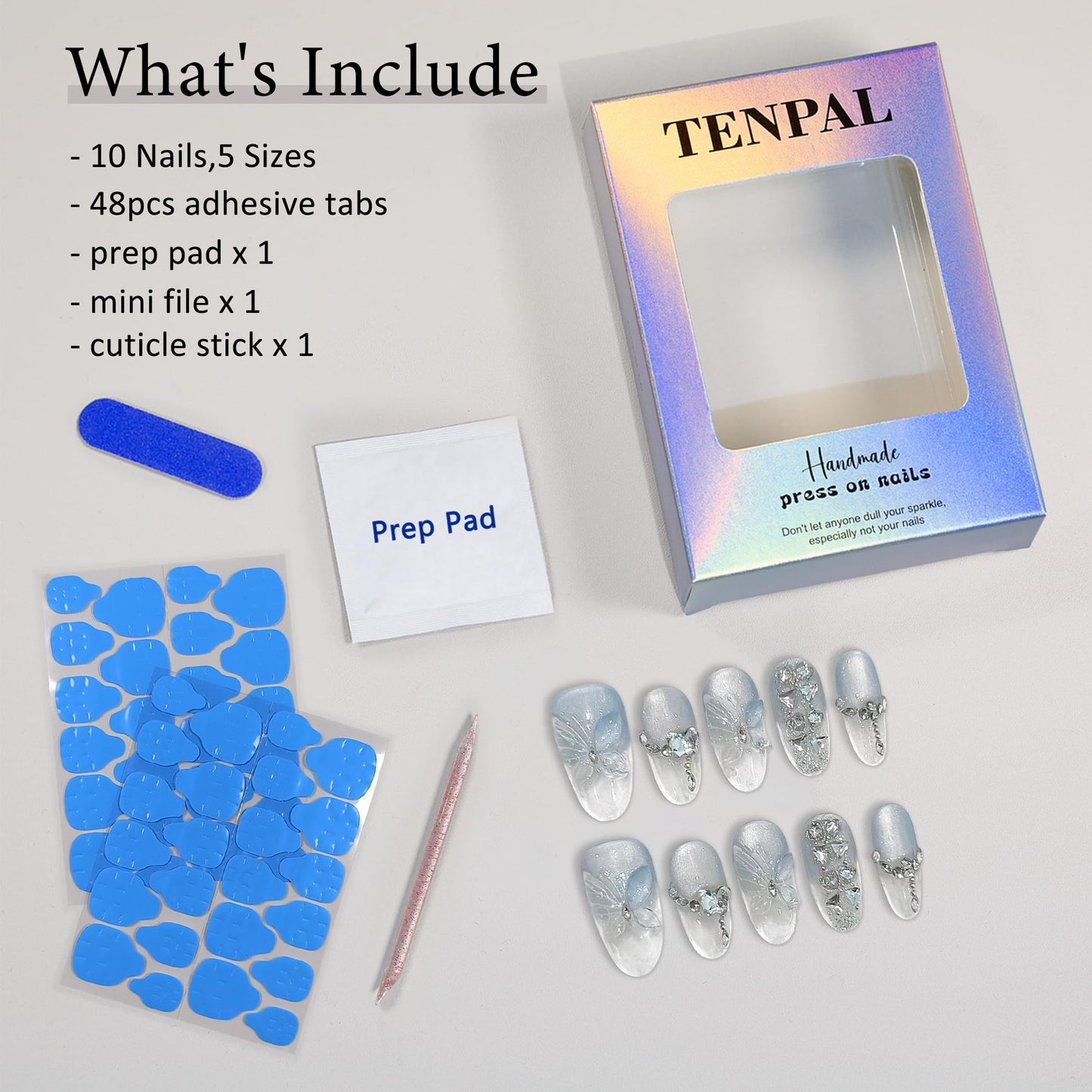 TENPAL Cat Eye Press on Nails 10Pcs Full Kit - Short Oval Icy Ocean Gradient False Nails, 3D Butterfly Rhinestone Spring Summer Fake Nails, Ethereal Glue on Nails for Girls Glitter Shimmer Design(S)
