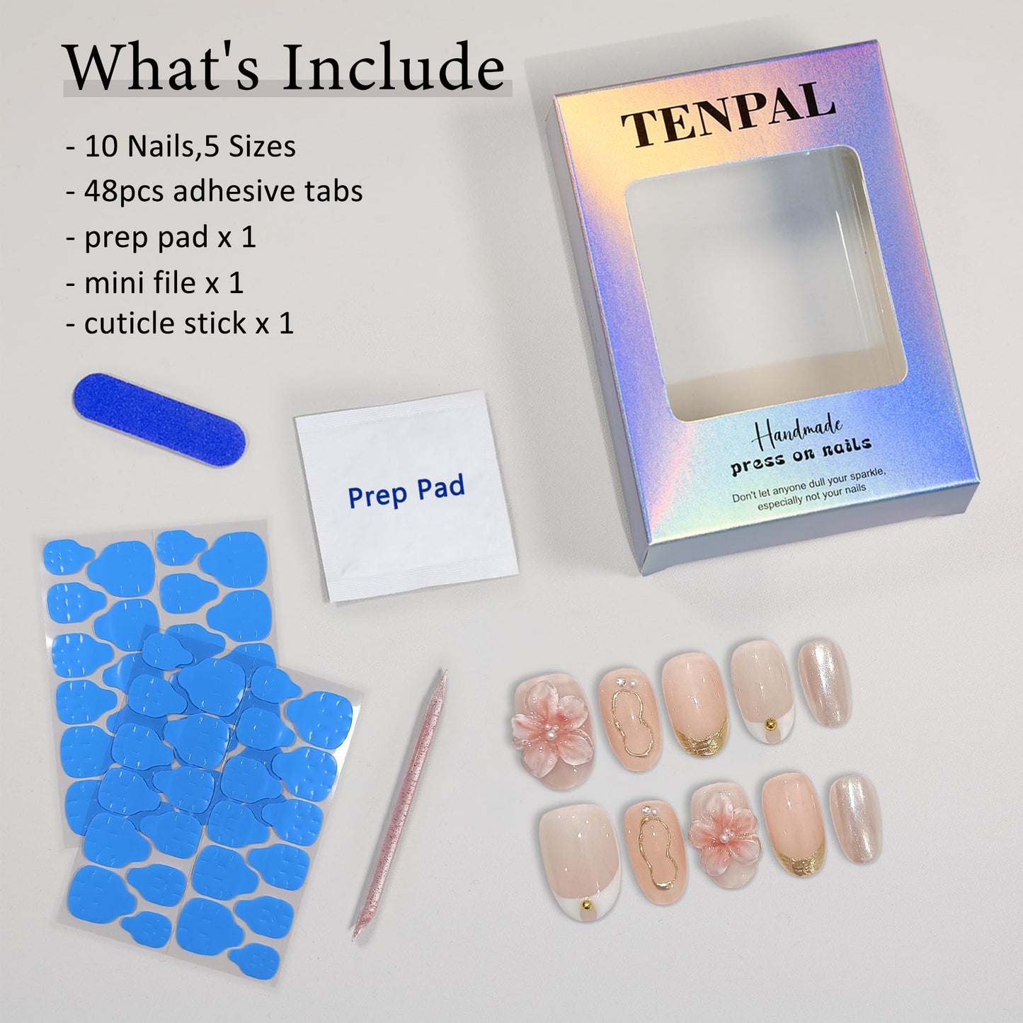 TENPAL Handmade Short Oval Fake Nails Kits,Glossy 3D Floral Iridescent White French Tips Press on Nails,Nude Pink Soft Gel Fake Nails 10pcs Kits,Full Cover Cute Nails with Designs for Daily(L Sizes)