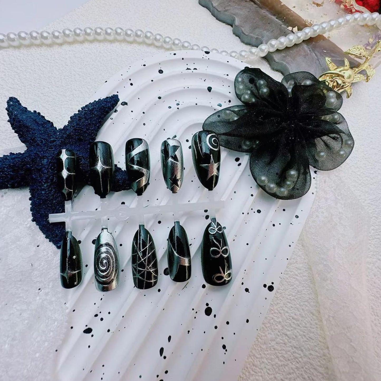 30Pcs Black Press On Nails, Goth Y2K Almond Fake Nails Punk Star Swirl Glue On Nails with 3D Beads Design Silver Stars Irregular French False Nail Gothic Handmade Reusable Cute Stick on Nail for Women