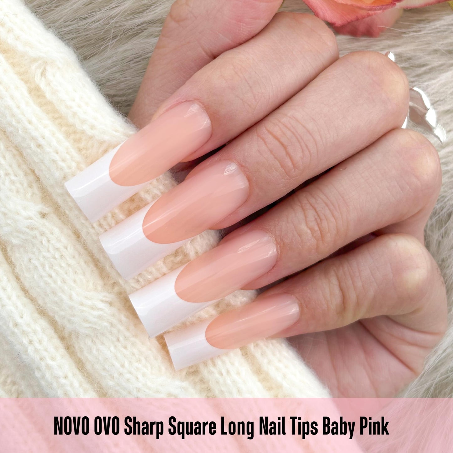 NOVO OVO Long Sharp Square White French Tip Nail Tips Press on BABY PINK, Extra Thick NEED Builder Gel & Top Coat & Glue, Soft Gel full Cover False Fake Nail Extension for Salon DIY x 15 Sizes 180 pc
