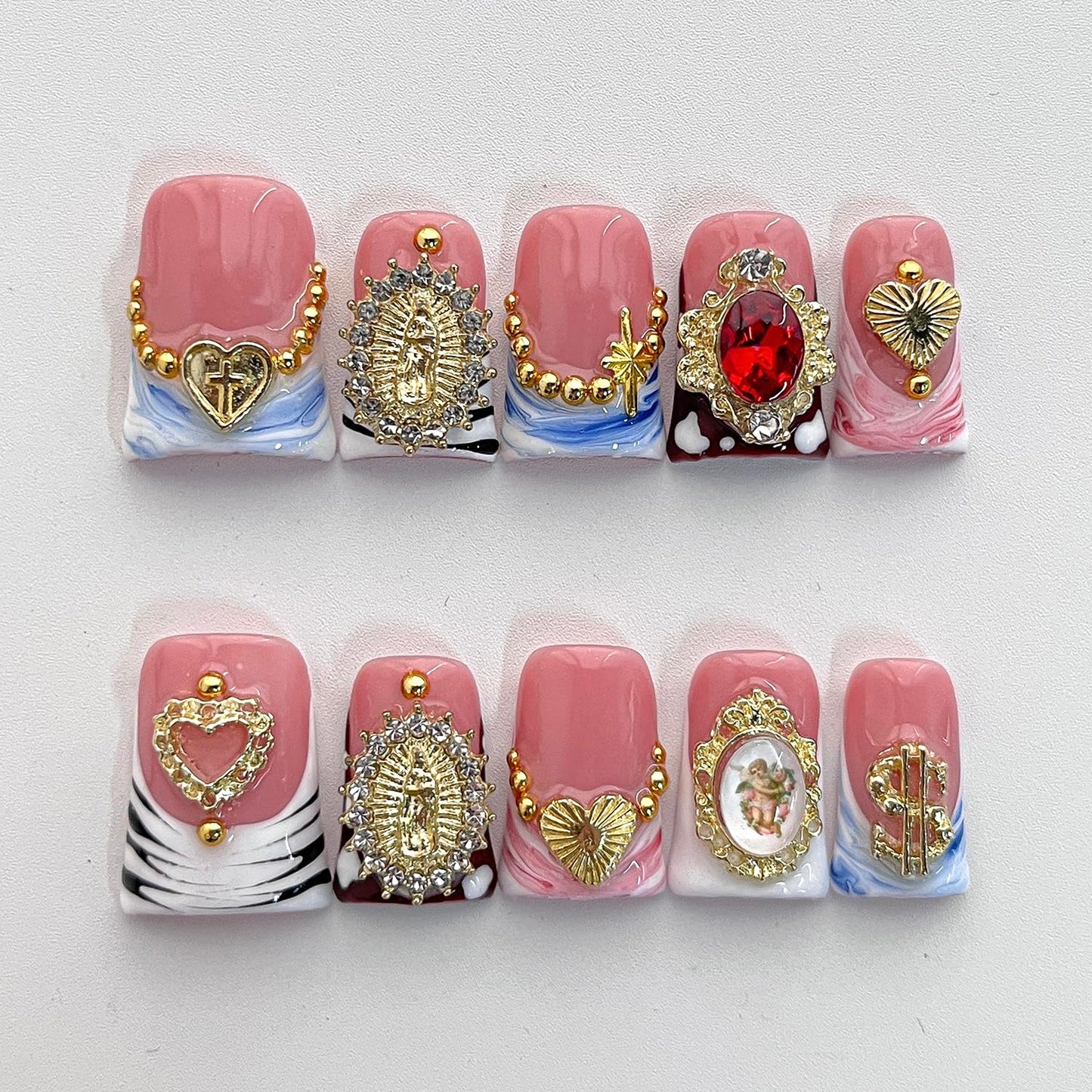 Handmade French Tip Press on Nails Short Duck 3D Thick Acrylic Nails Baroque False Nails with Rhinestones Oil Painting Designs Luxury Royal Fake Nail Sturdy Art Press on Nail 10Pcs(M)