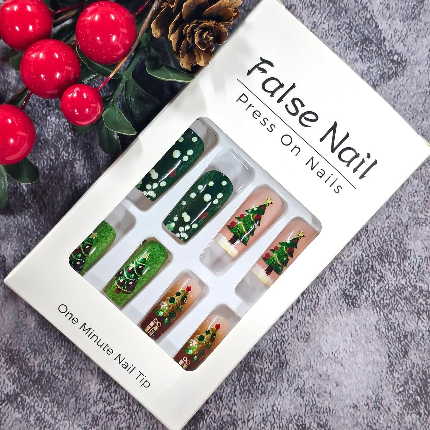 CJDLTS Christmas Press on Nails Medium Artificial Ballet Acrylic False Nails French White Tip Xmas Fake Nail Christmas Trees Stick on Nail Full Cover Winter Artificial Fingernails for Women Manicure