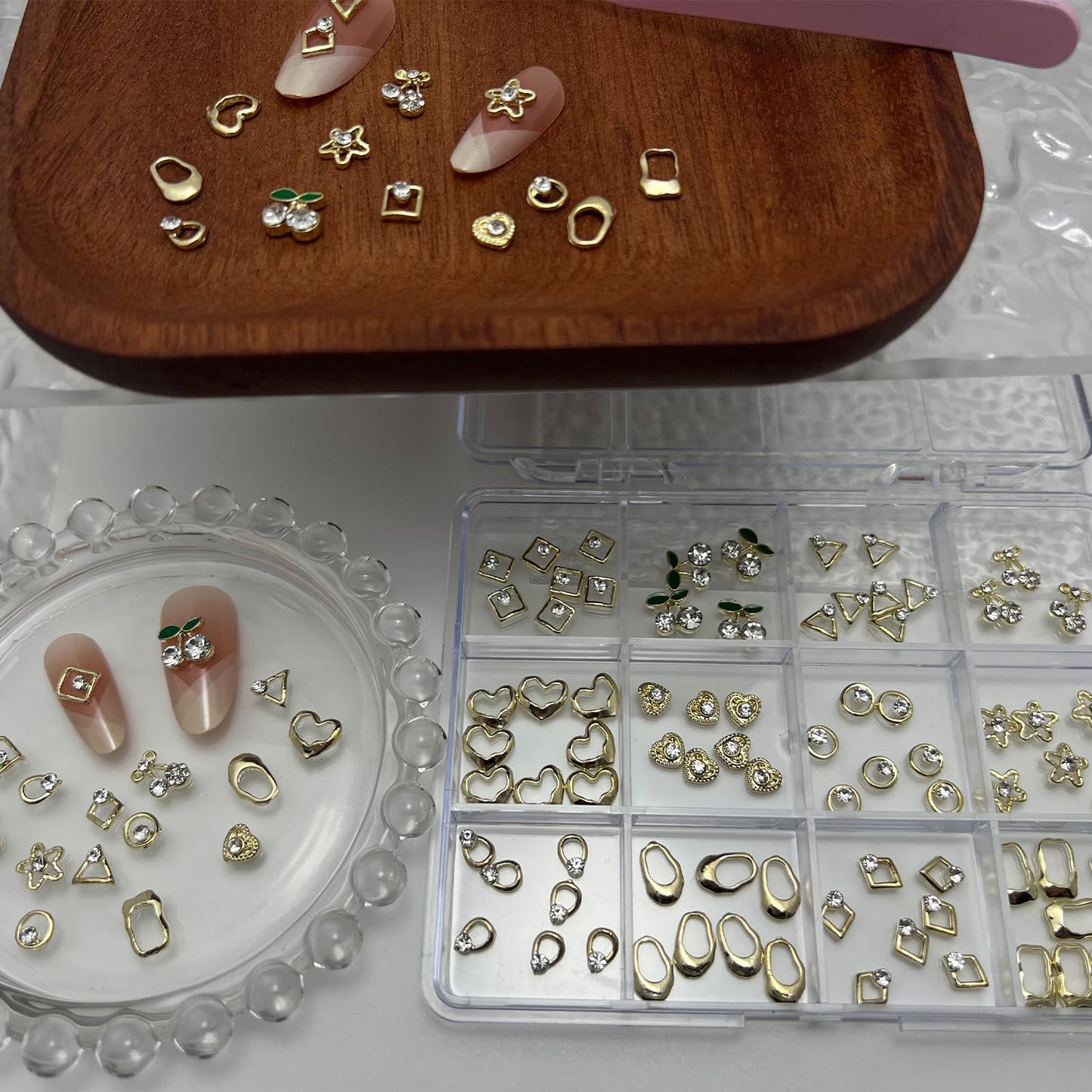 Pizadix 96PCS Gold Nail Charms Kit, 12 Styles 3D Alloy Rhinestones (Hearts/Stars/Leaves & Geometric), 12-Grid Organizer Box & Tweezer, for Gel, Acrylic & Press-On Nails