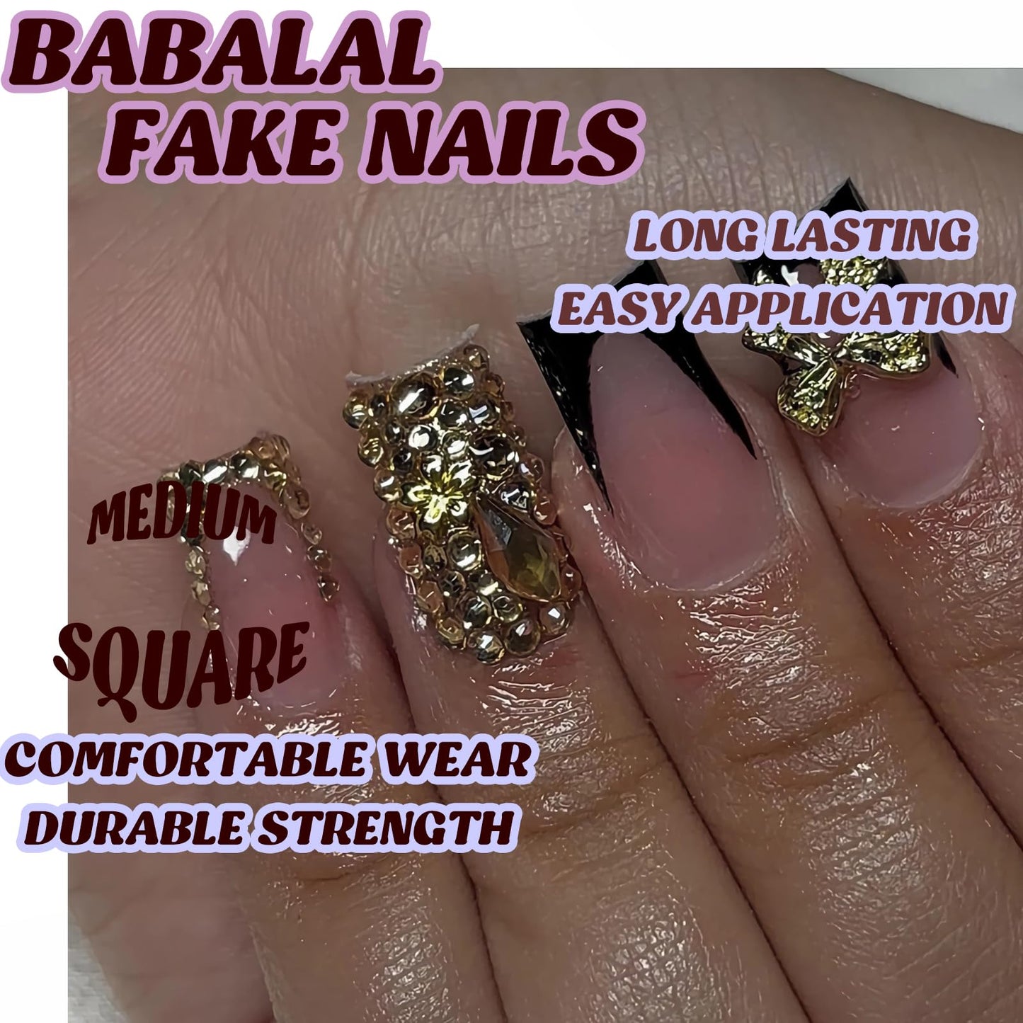 BABALAL Press on Nails Short Black Gold Fake Nails Square Glue on Nails French Tip Rhinestone Luxury Acrylic False Nails with Bow Charm Bling Gel Nails 24Pcs Handmade Squoval Nails for Women Girls