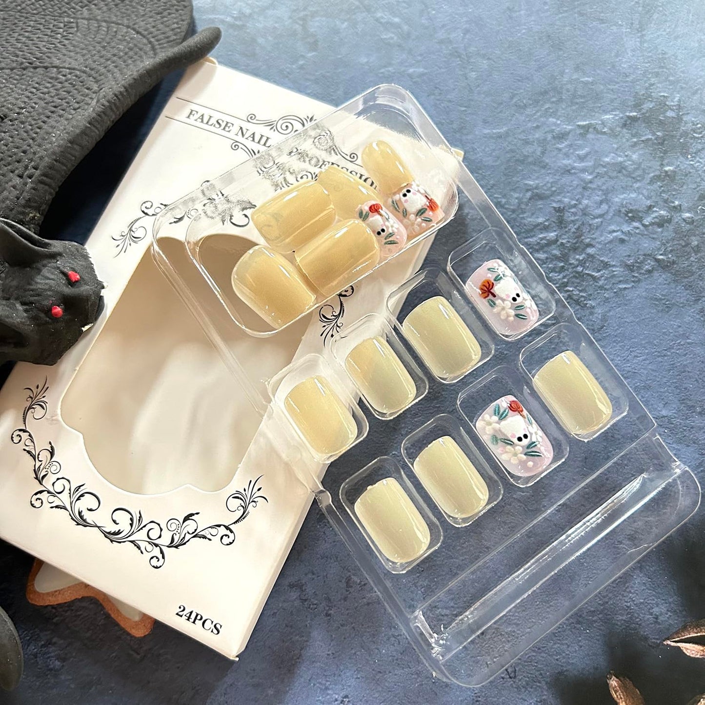 CJDLTS Halloween Press on Nails Short Square Cute Ghost False Nail Acrylic Artificial Fingernails Colorful Flowers Design Full Cover Glossy Festival Nude Stick on Nails for Women Supplies 24Pcs