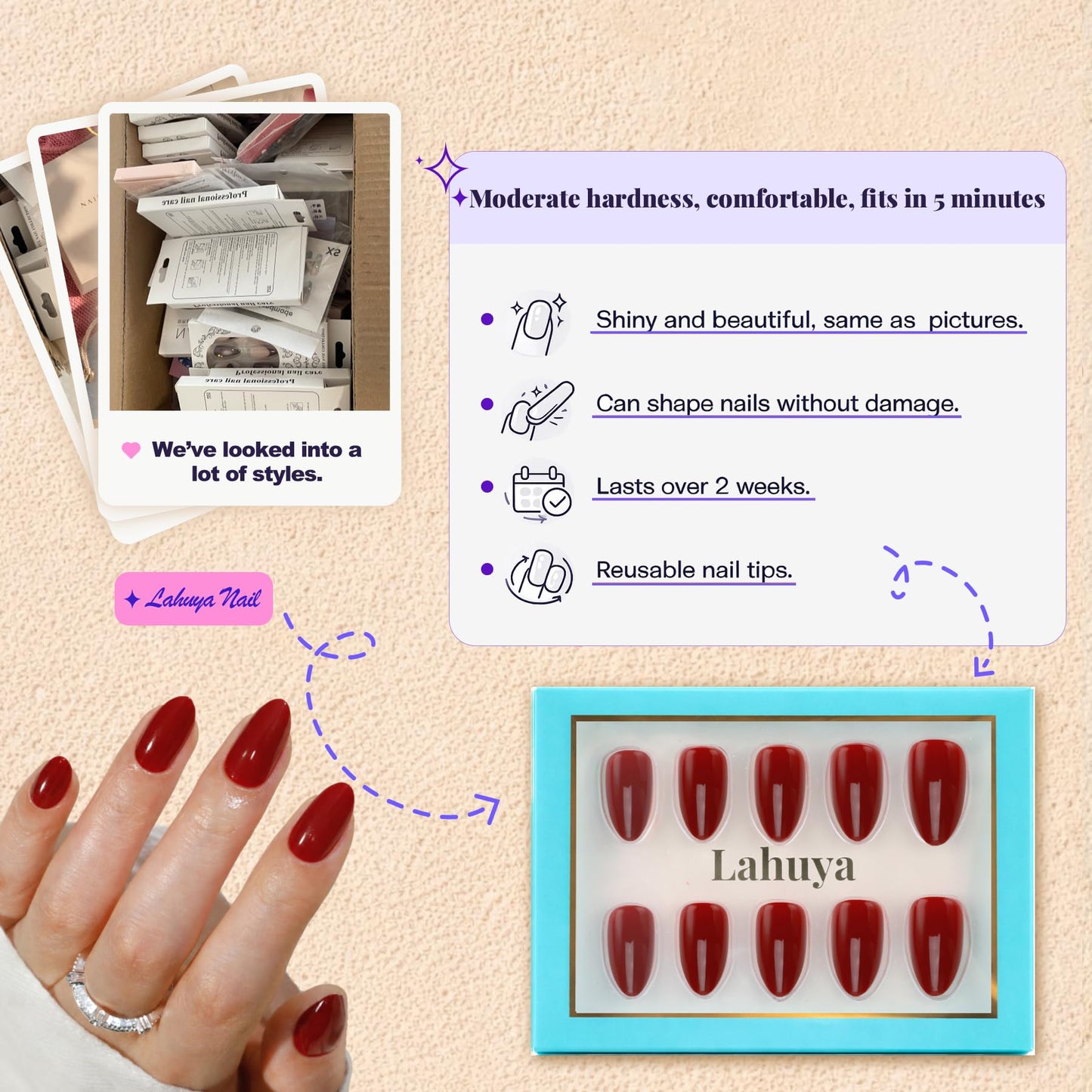 LAHUYA Press On Nails – Berry Glow | Nail Artist Designed Short Almond Fake Nails with Rich Berry Red Glossy Finish, 15 Sizes – 30 Nails Kit with Glue