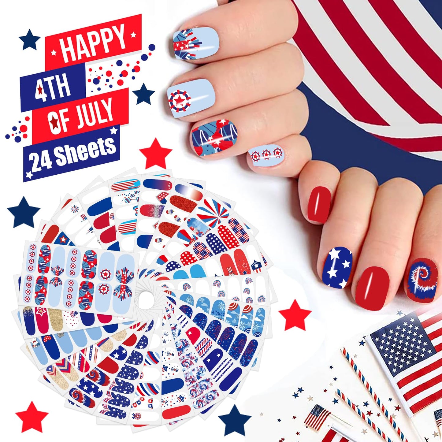JERCLITY 336 Pieces 24 Sheets 4th of July Nail Wraps for Short Nails Independence Day Nail Polish Strips Patriotic American Flag Nail Strips Self-Adhesive Stickers for Memorial Day