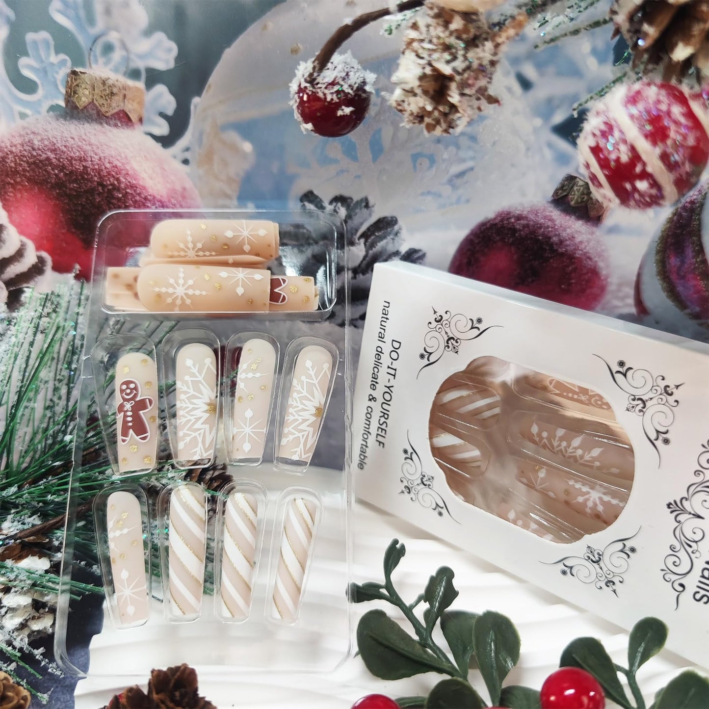 Cute Gingerbread Man Press on Nails Snowflake Stick on Fingernails Glossy Gold Glitter Acrylic Fake Nail Christmas Long Square False Nails 24Pcs Curve Line Gel Glue on Nail for Women Xmas Gift