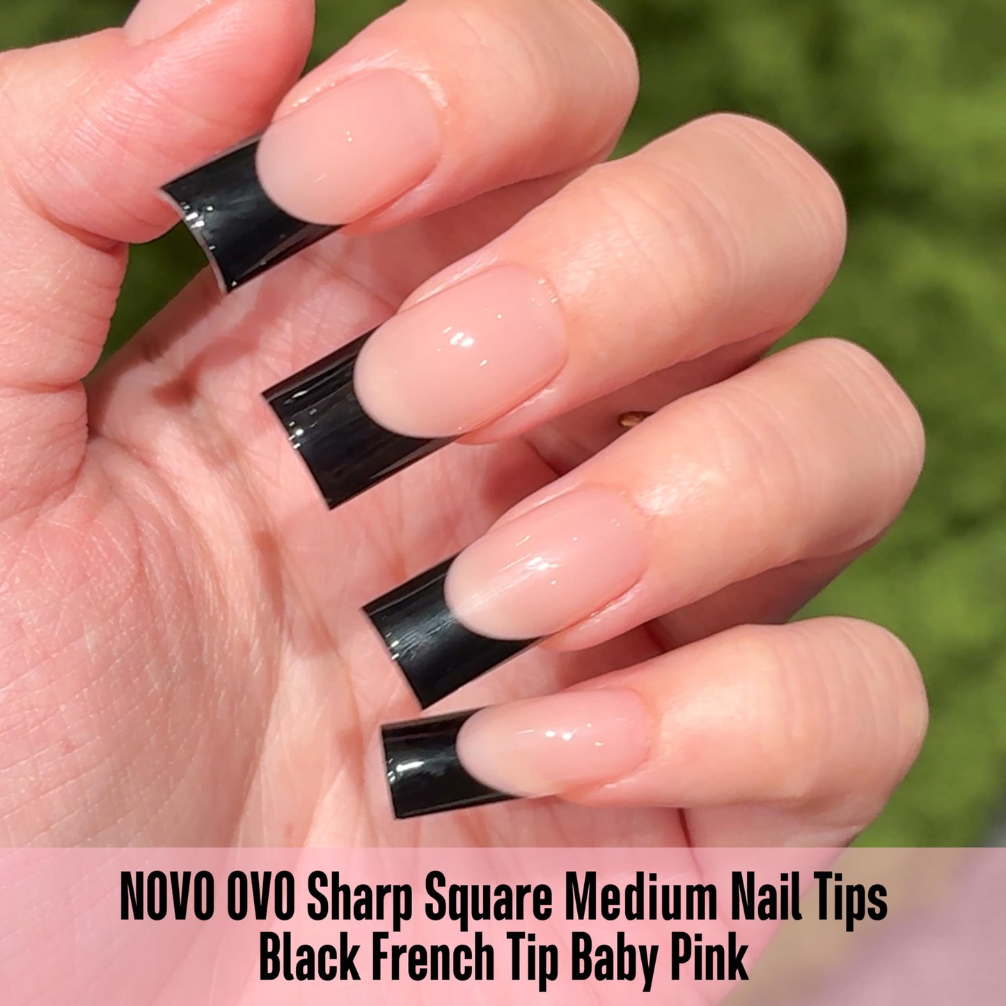 NOVO OVO Soft Gel Nail Tips Square Medium - Black French Tip on Baby Pink Base, 180Pcs Full Cover False Nails for Gel X Extension, Sharp Shape Pre-Designed Press on Nails for DIY Home Salon (15 Sizes)