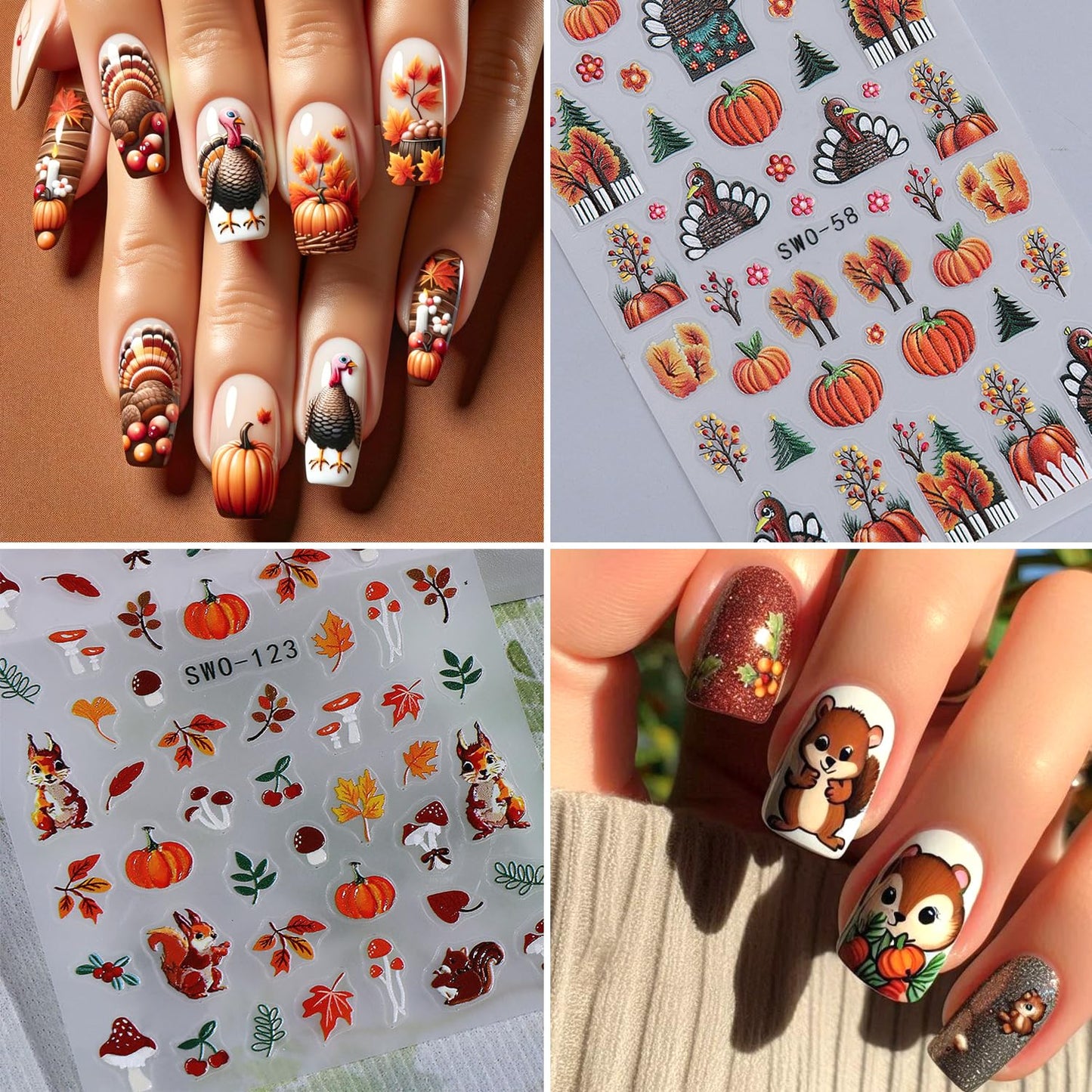2Sheets Thanksgiving Nail Art Stickers 5D Embossed Squirrel Maple Leaf Nail Decals Self-Adhesive Turkey Pumpkin Designs Nail Sticker Fall Leaves Mushroom Nail Decal for Women DIY Manicure Decoration
