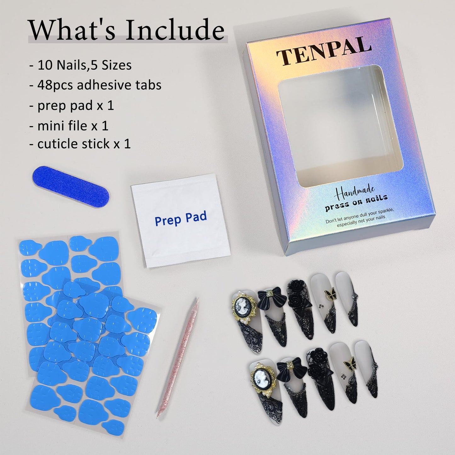 TENPAL 10Pcs Gothic Press On Nails Long Stiletto,Baroque Cameo & Floral Lace French Tip Glue on Nails with 3D Charms,Victorian Gothic Nails w/Tools,Glossy Dark Romantic Fake Nails for Party Event(XS)