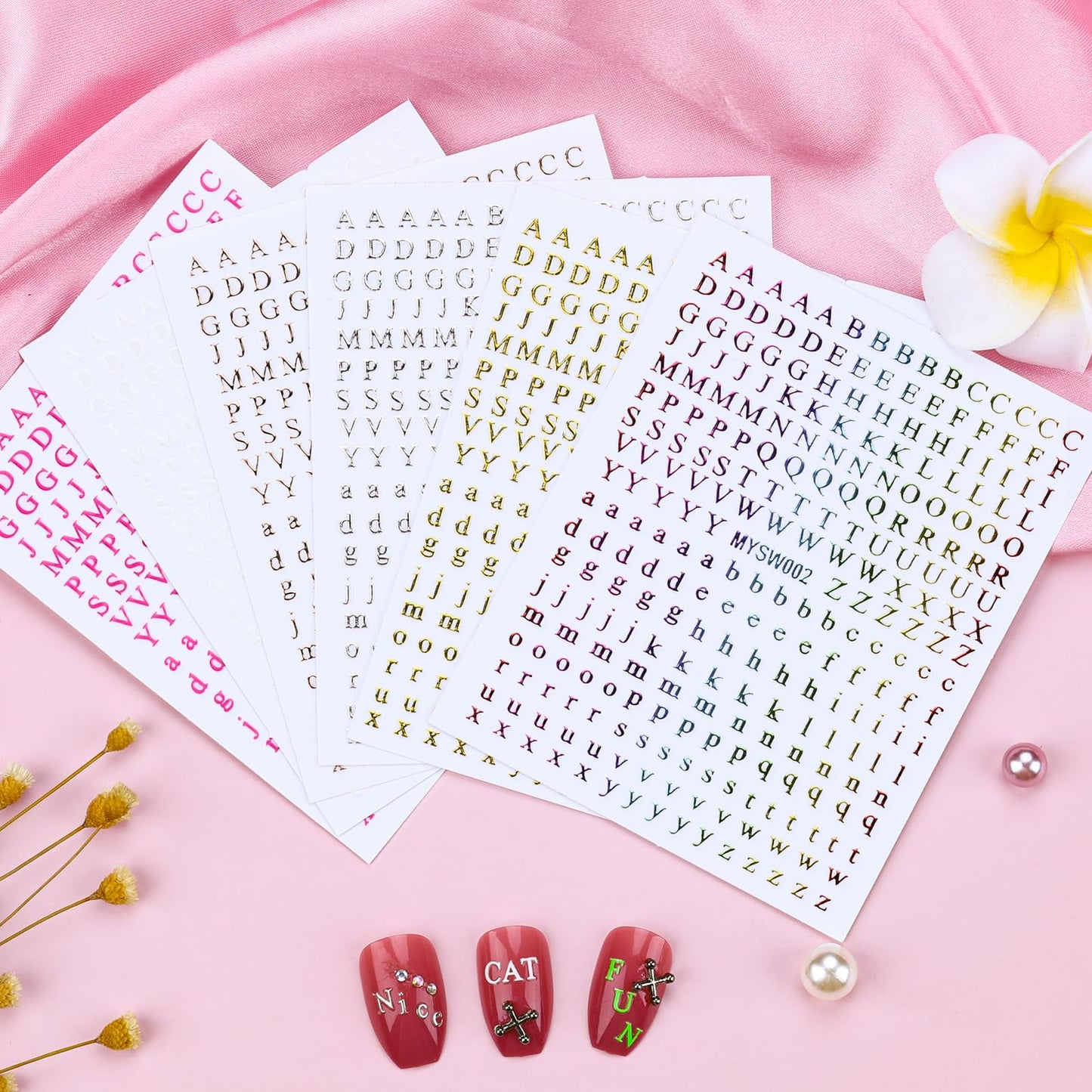 12 Sheets Alphabet Nail Art Stickers 3D Black White Gold Self-Adhesive Letter Nail Decals Large Small English Manicure Accessories for Women Girls DIY Design