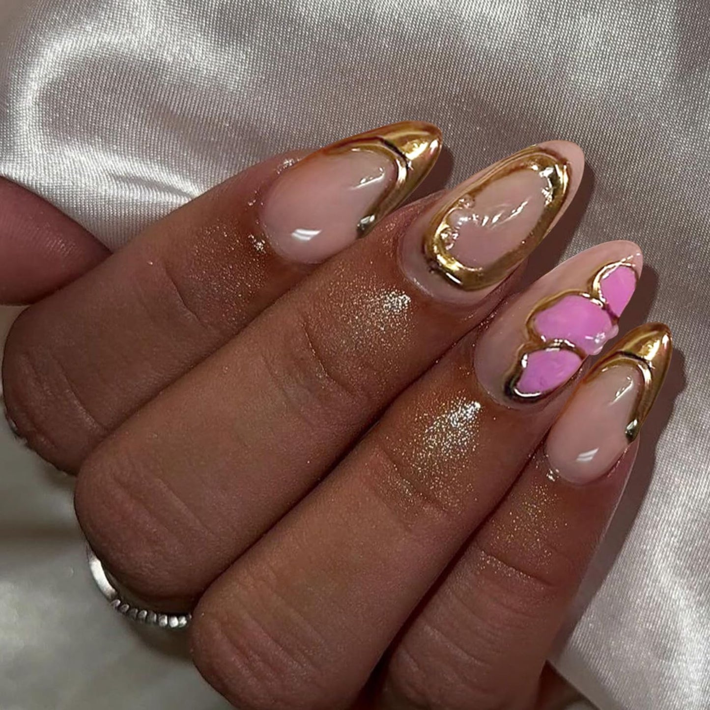 VOTACOS Gold French Tip Press on Nails Almond Medium 3D Butterfly Acrylic Fake Nails Press Ons with Designs Pearl Gold Line Glue on Nail for Women 24PCS Nude Reusable Artificial Stick on False Nail