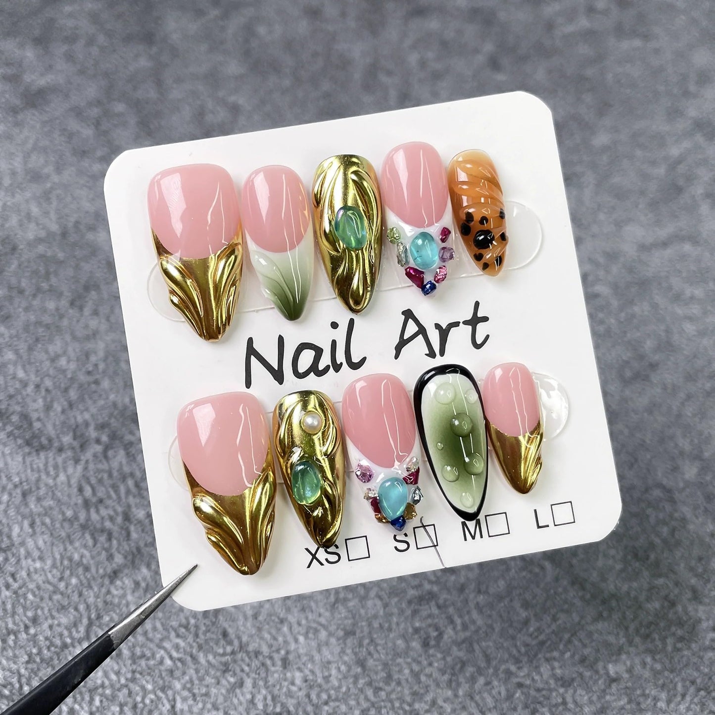 Almond Press on Nails Short Handmade Fake Nails 3D Rhinestones False Nails with Glue Gold Sparkly Reusable ABS Nails Press Ons Luxury Embossed Designs French Tip Stick on Nail for Women (Size M)